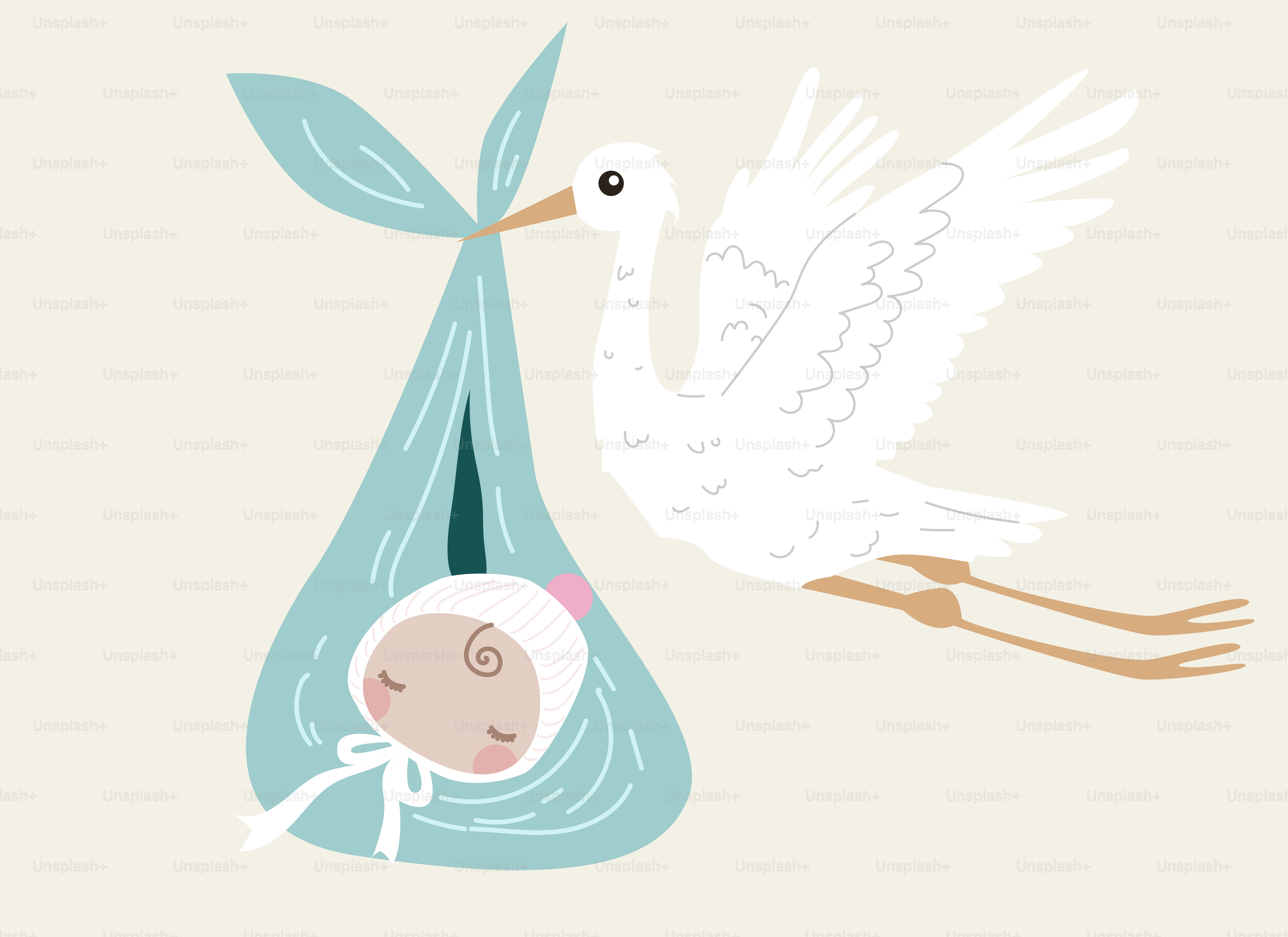 A stork delivers a baby in a blue bundle.