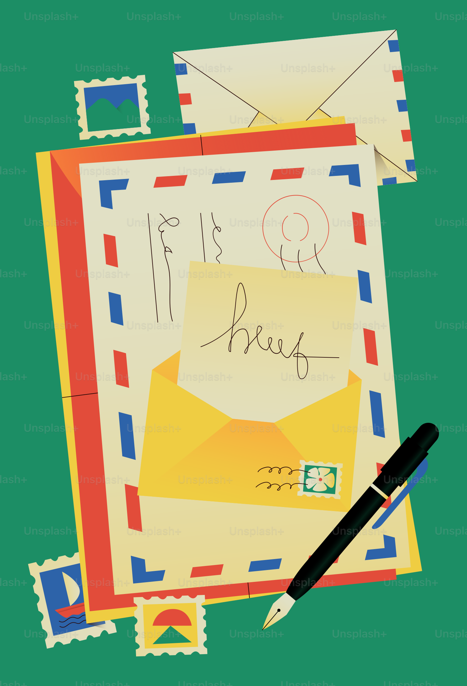 Letters, envelopes, stamps, and pen on green background