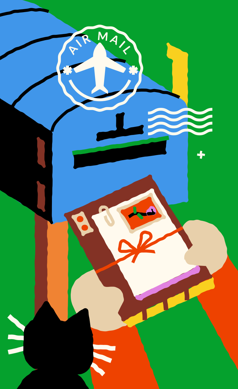 Hands holding a letter near a mailbox with a cat.