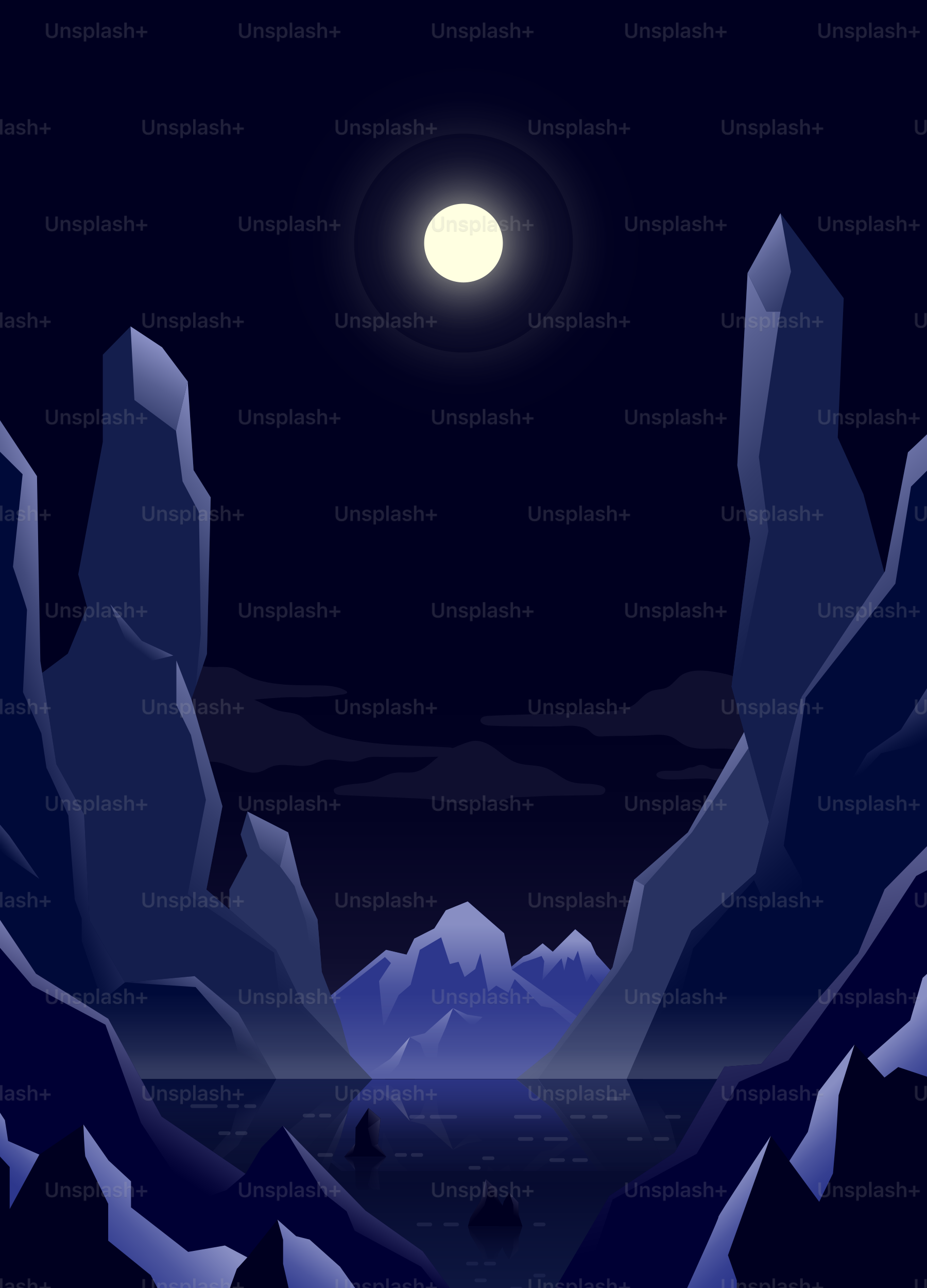 Moonlit night over a dark, rocky landscape with mountains.