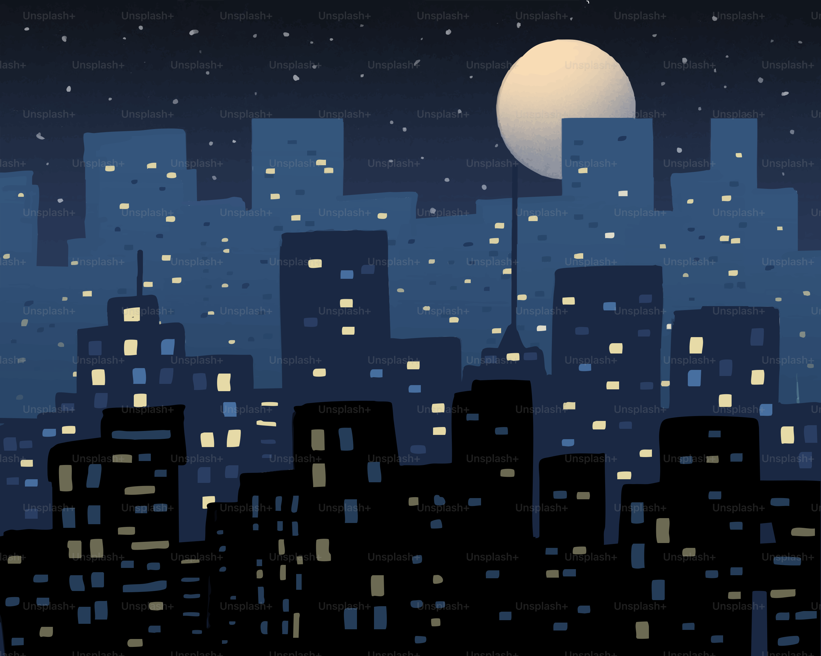 City skyline at night with full moon.
