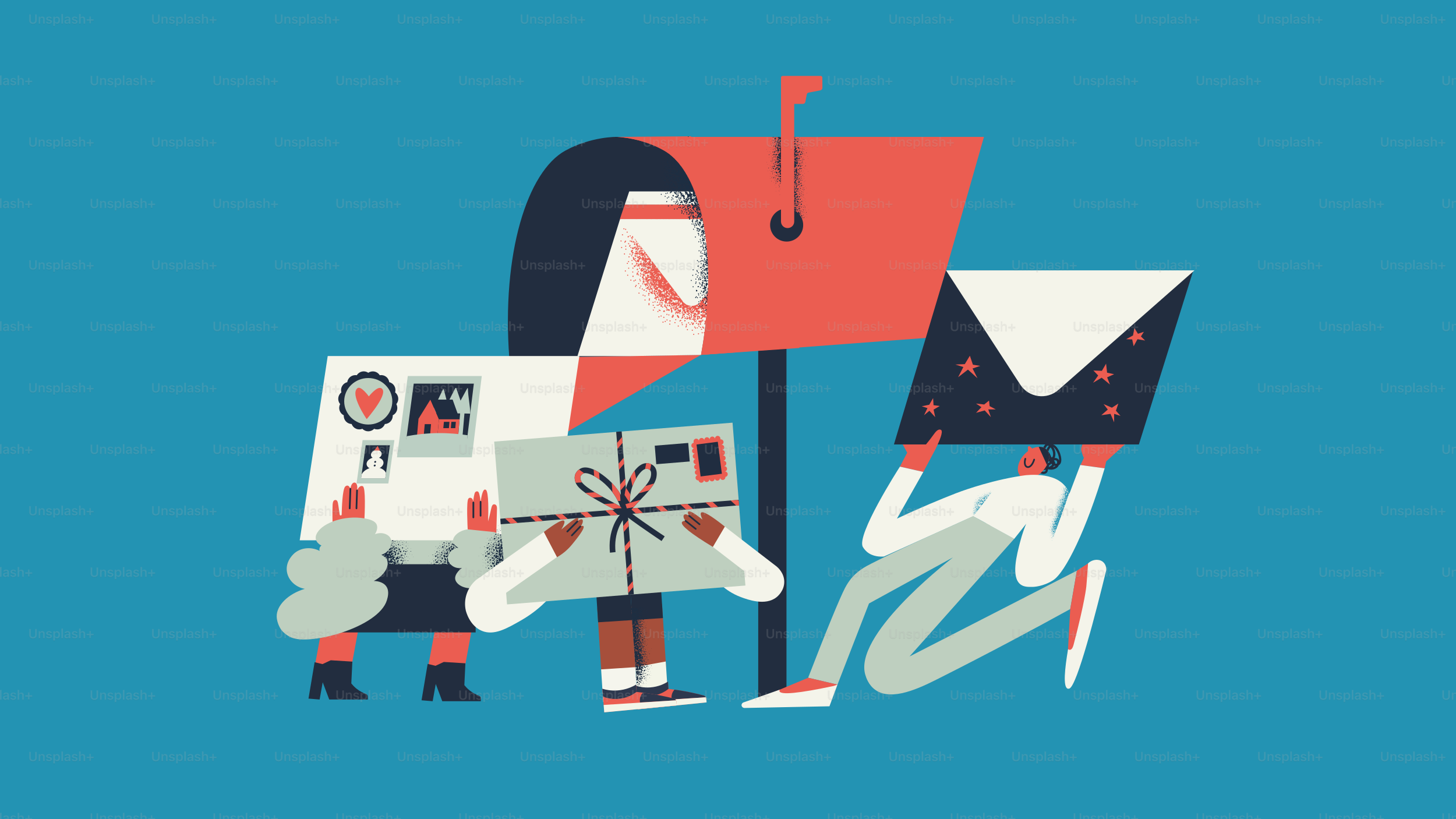 People holding letters near a red mailbox