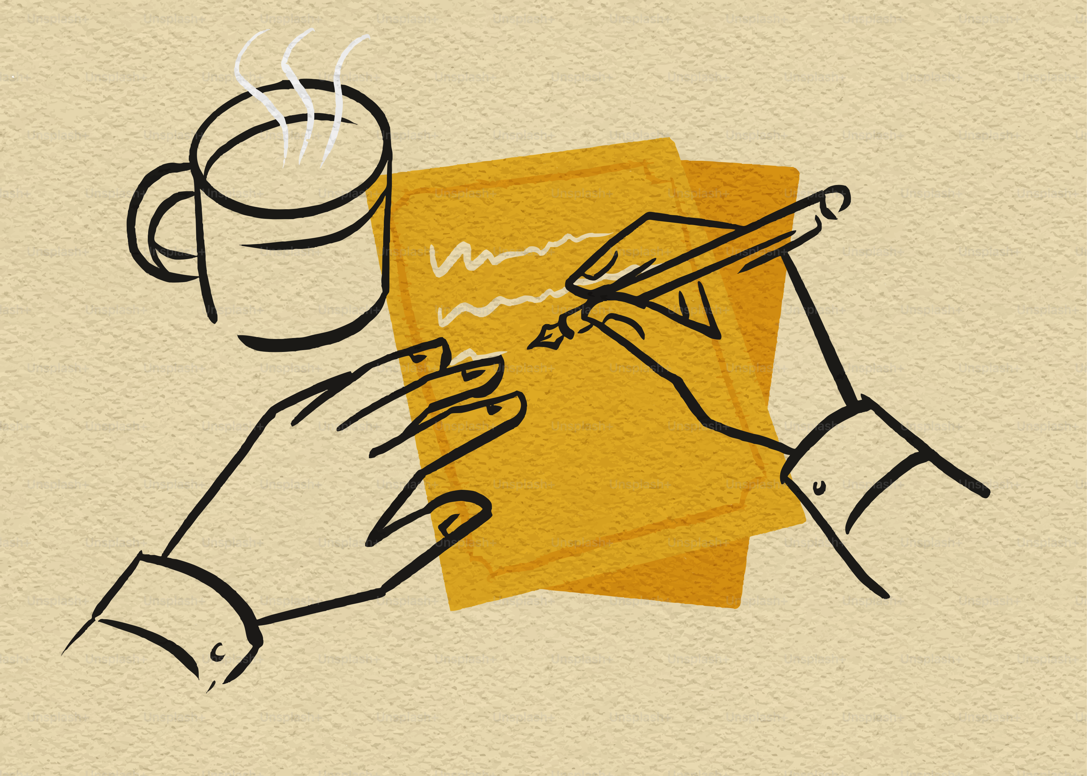 Hands writing on paper next to a steaming mug.