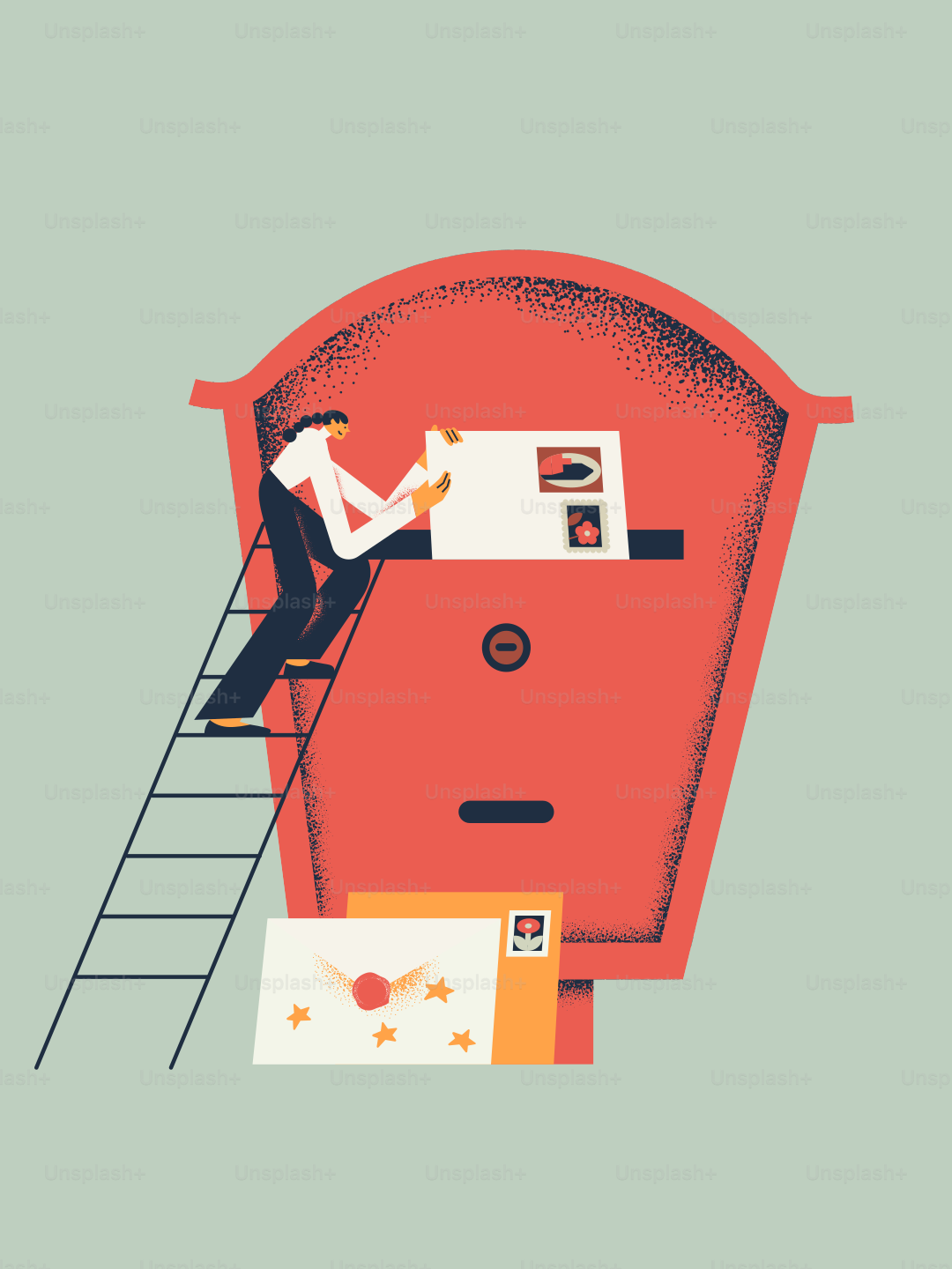 Person on ladder putting mail in red mailbox.