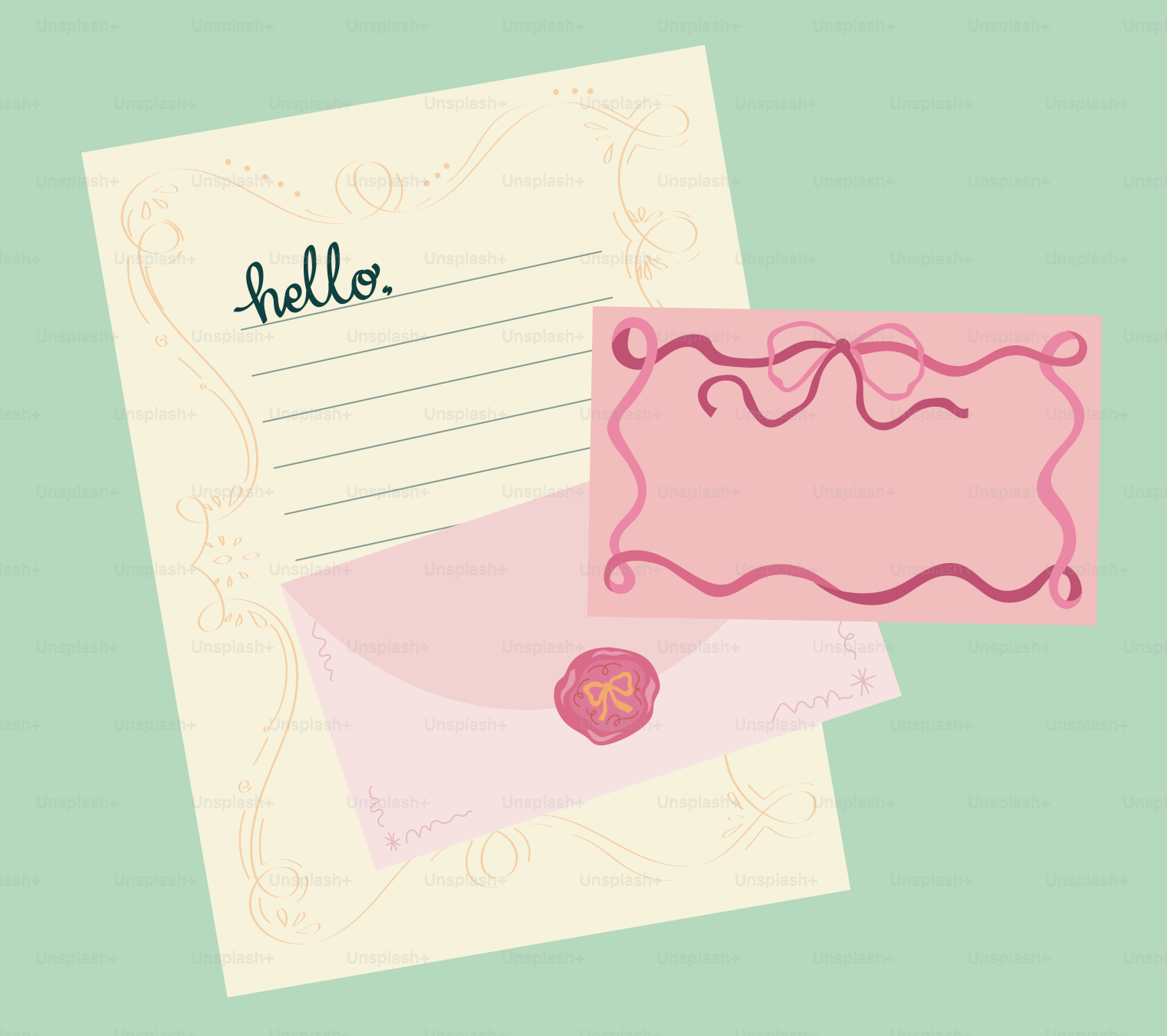 封筒とピンクカード付きの文房具