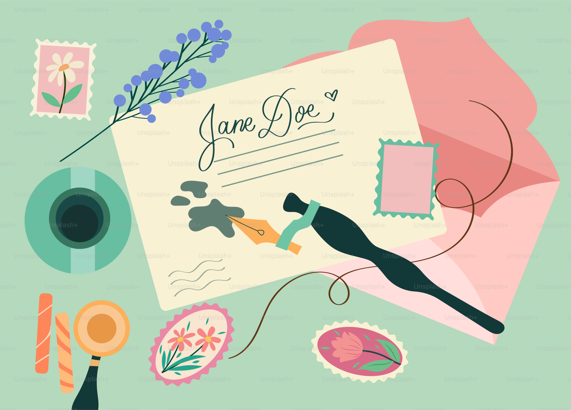 A letter with ink, quill, stamps, and envelope on desk.