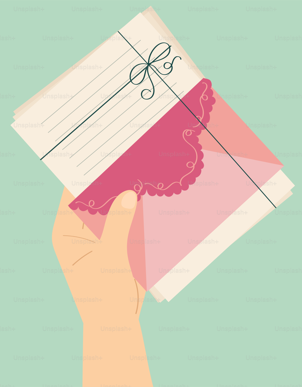 ピンクの封筒が入った手紙の束を持っている。