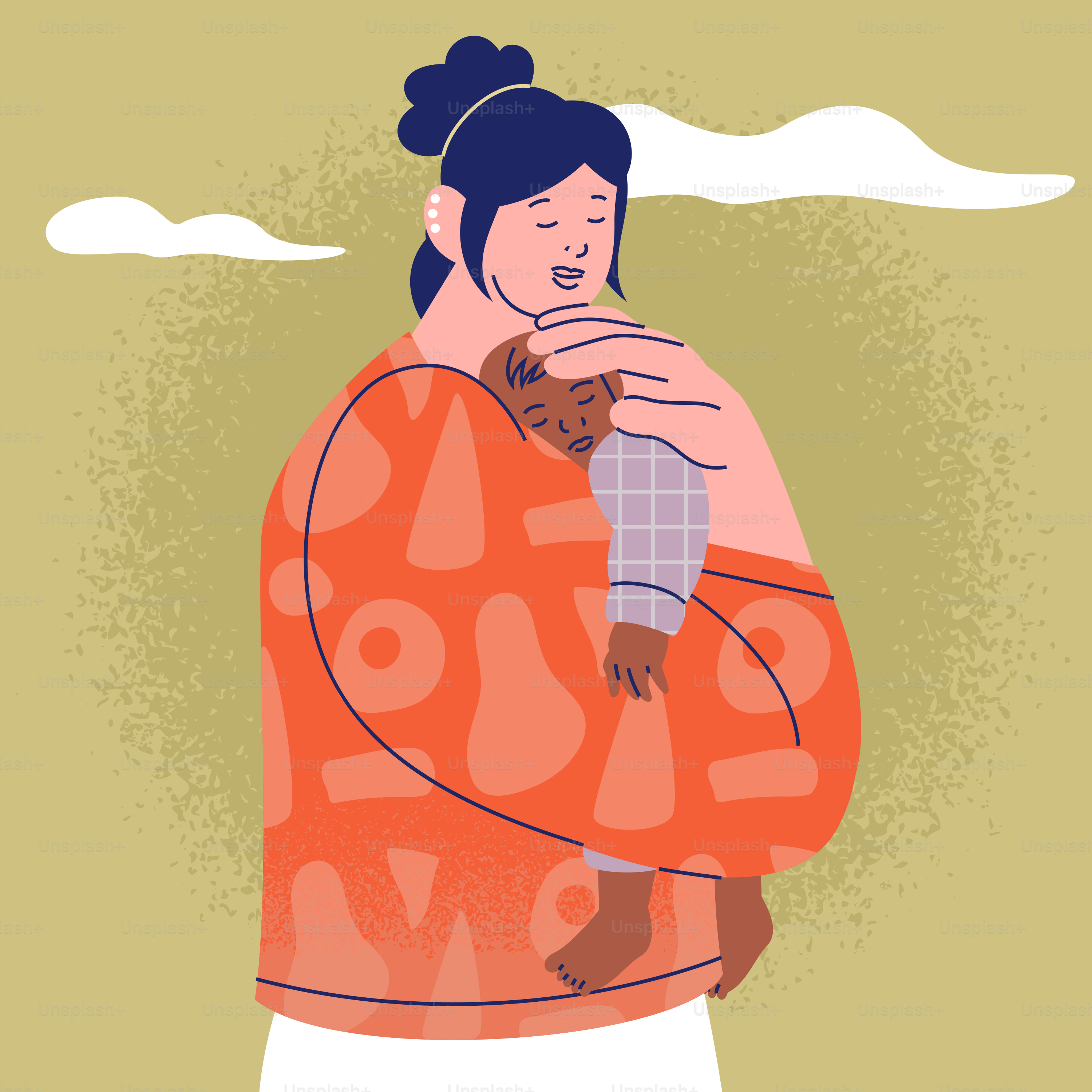 Mère tenant son bébé endormi dans une écharpe.