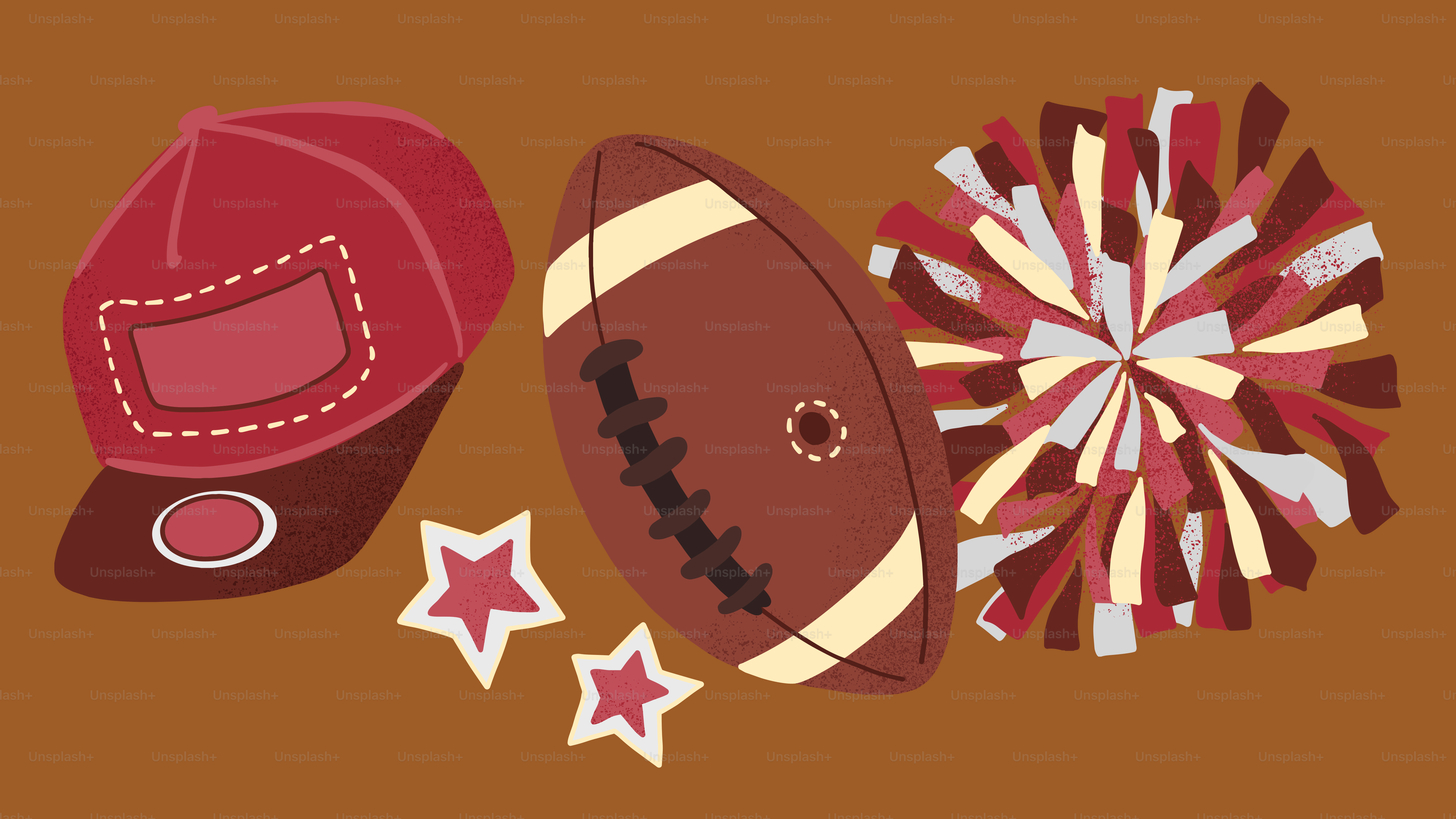 Football, pom-pom, cap, and stars on brown background