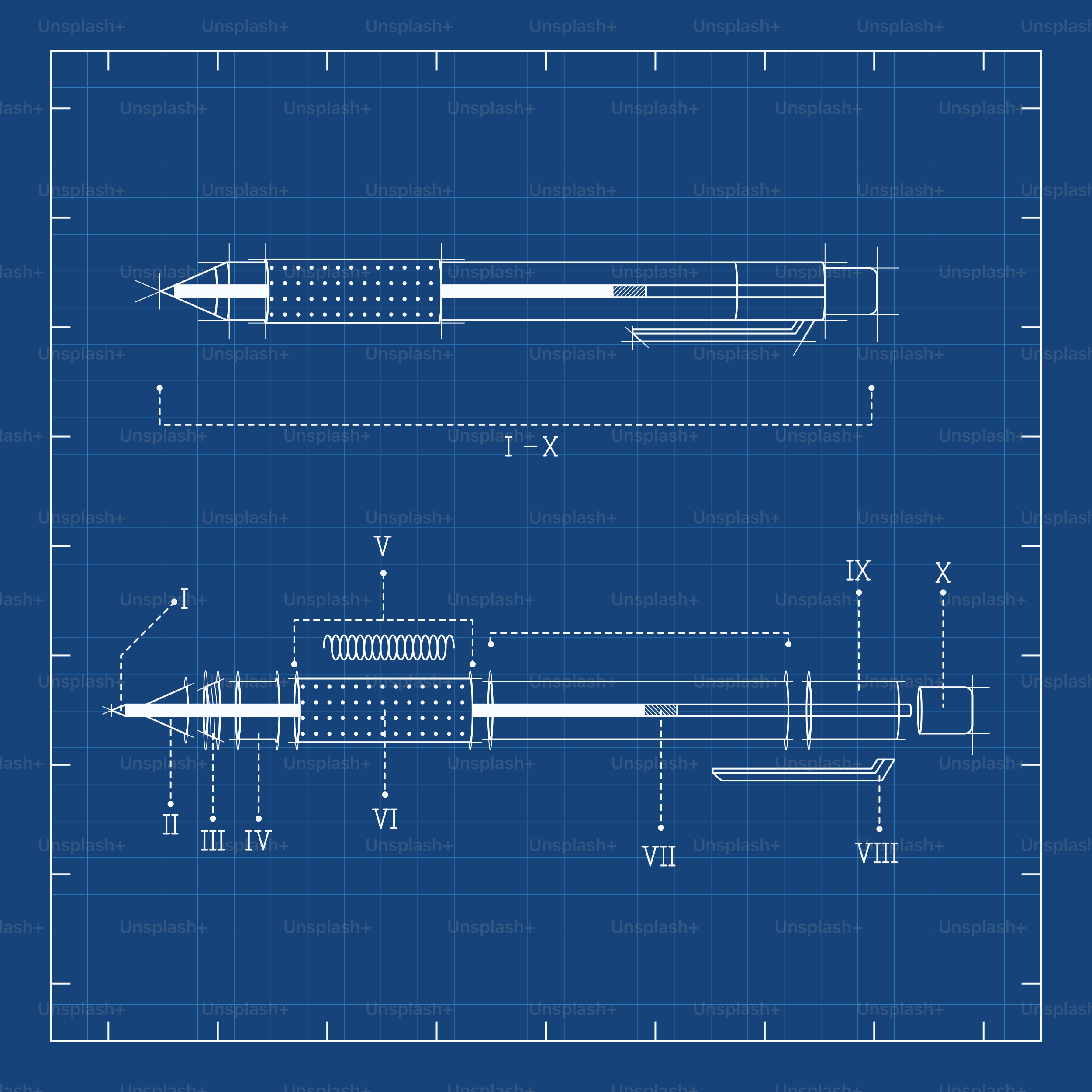 Blueprint diagram of a ballpoint pen with labels.