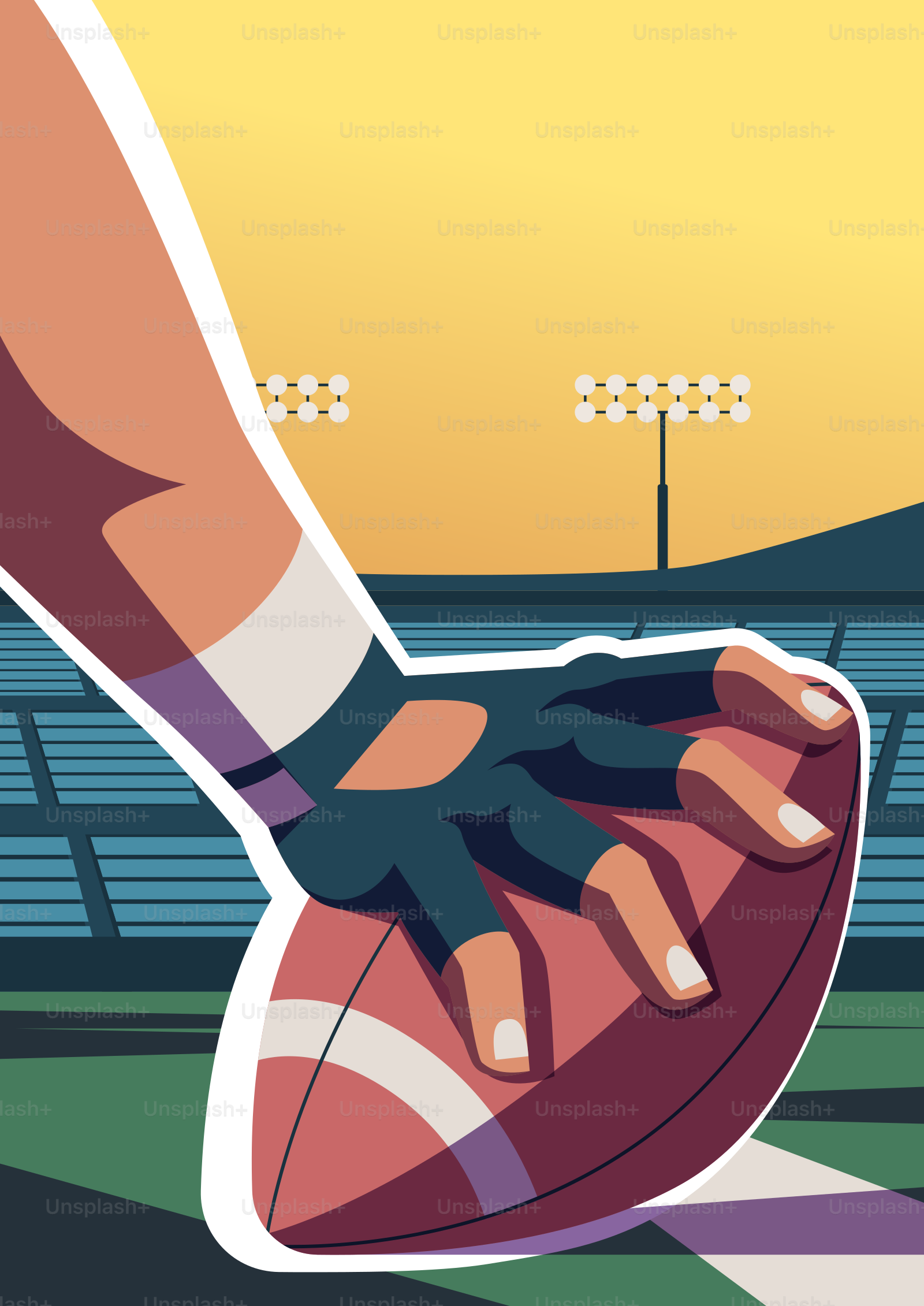 Fútbol americano sostenido de la mano en el campo del estadio