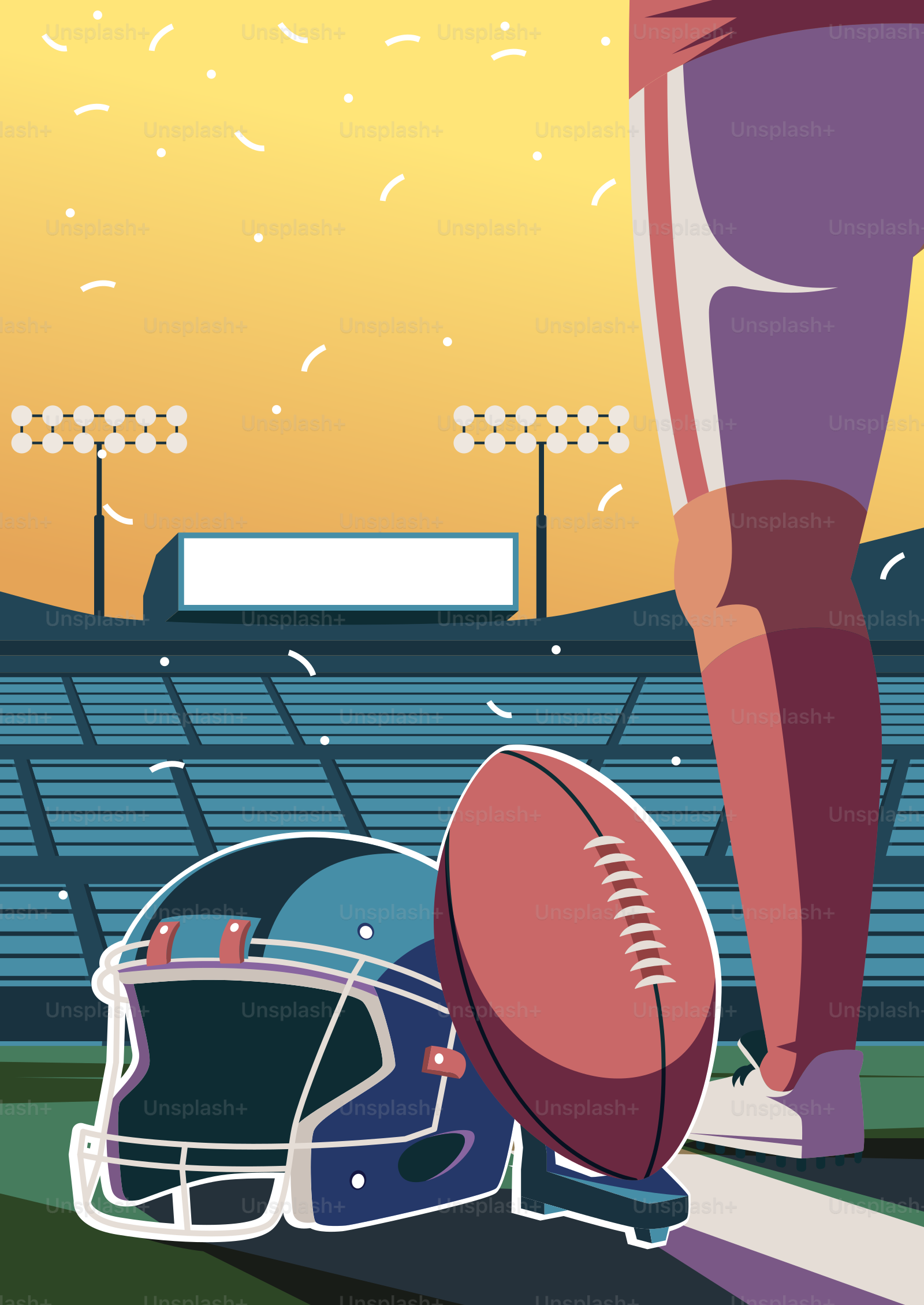 American football helmet and ball on field.