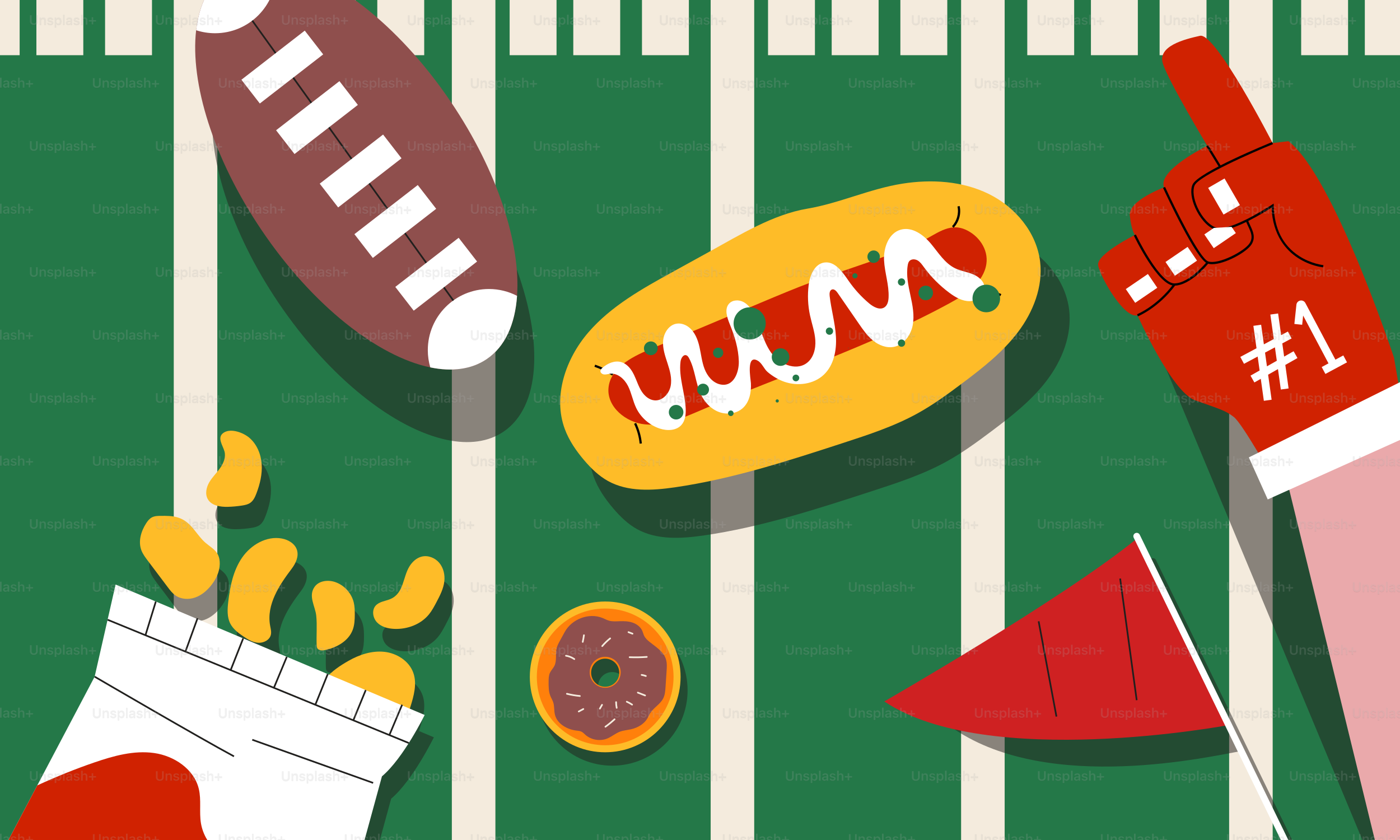 Fútbol americano, perritos calientes y fichas en el campo.