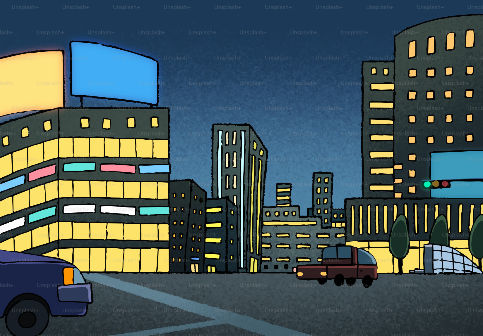 Cityscape at night with illuminated buildings and cars.