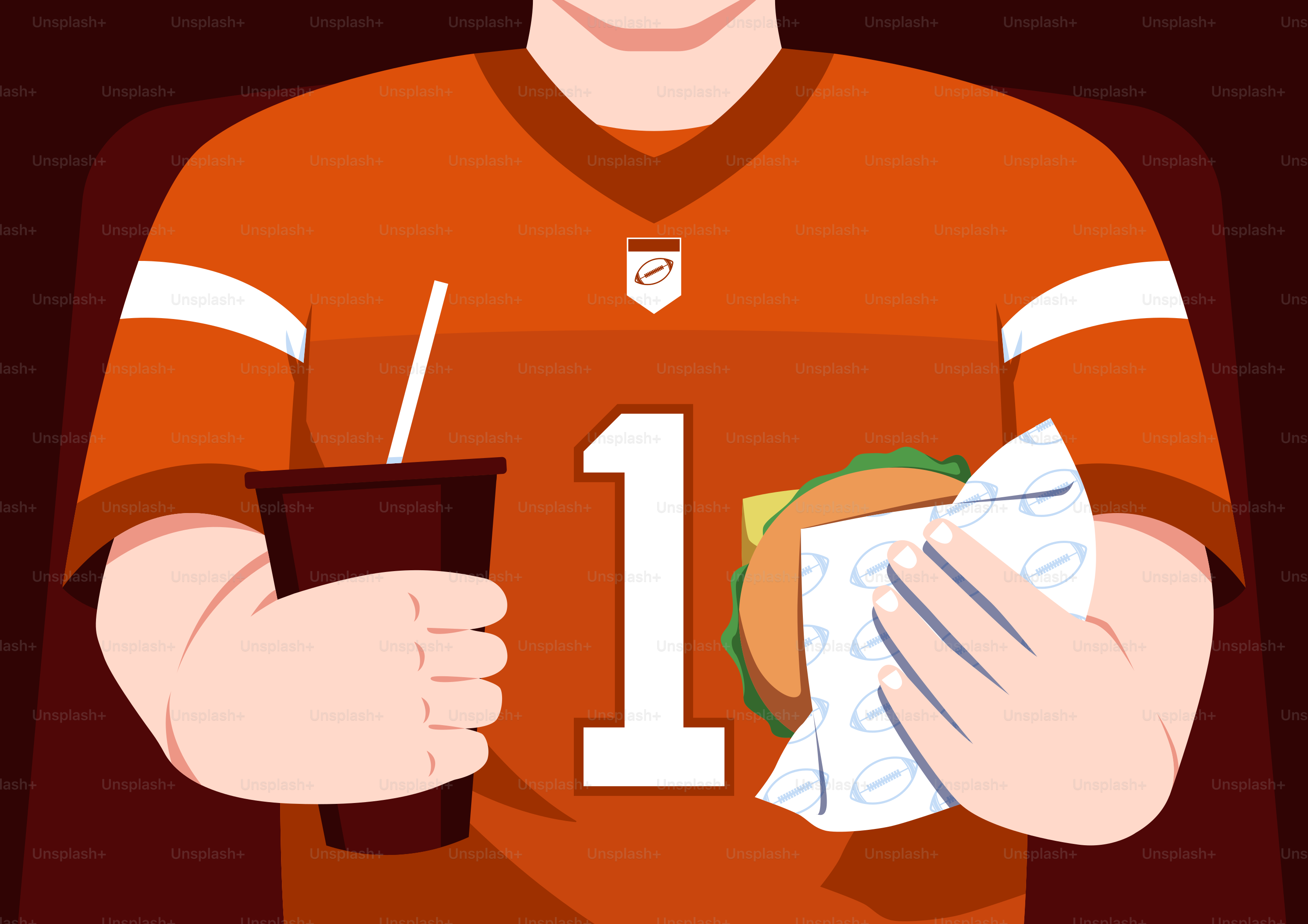 Person in orange jersey holds burger, drink, and napkin.