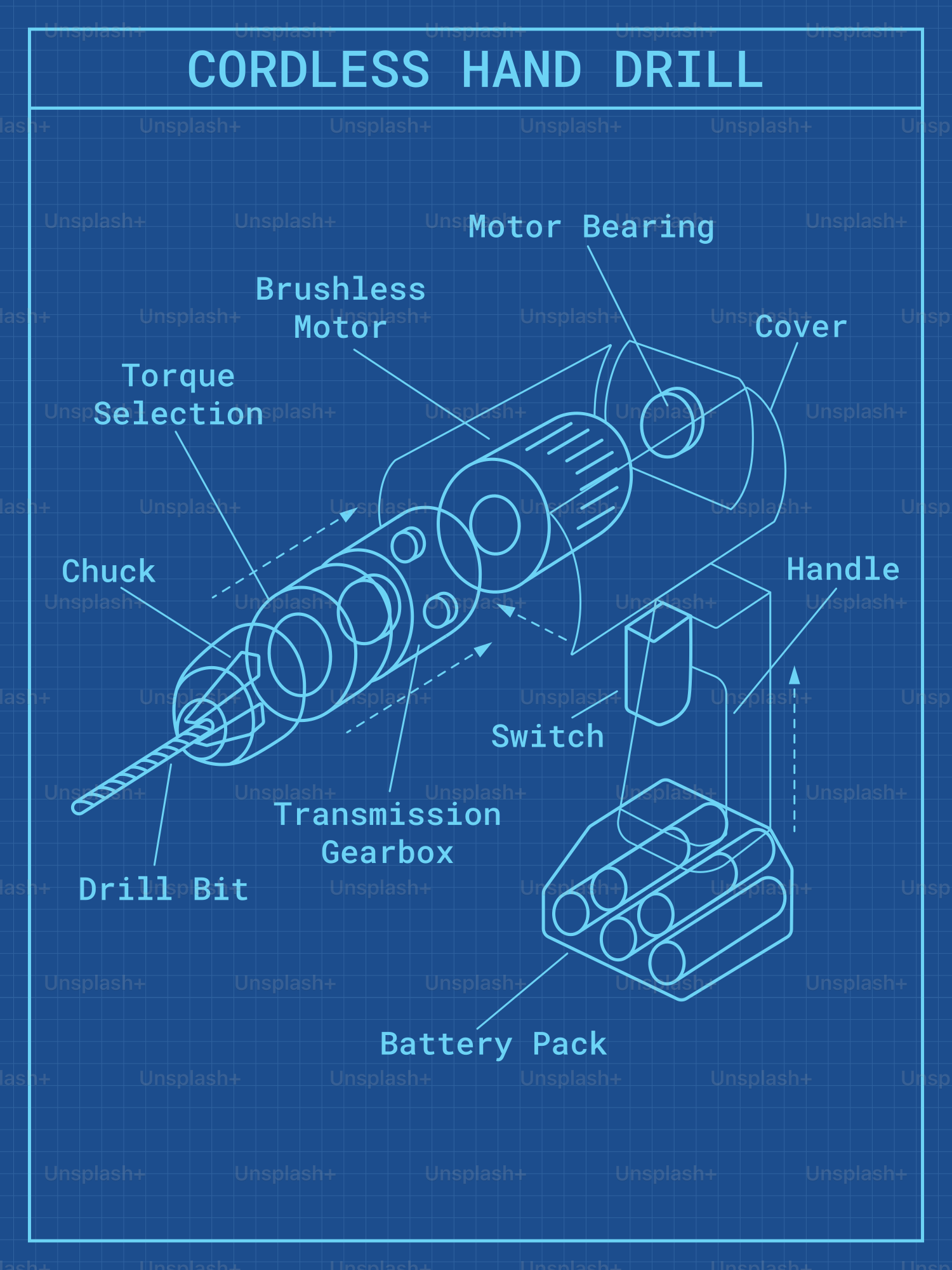 Blueprint diagram of a cordless hand drill