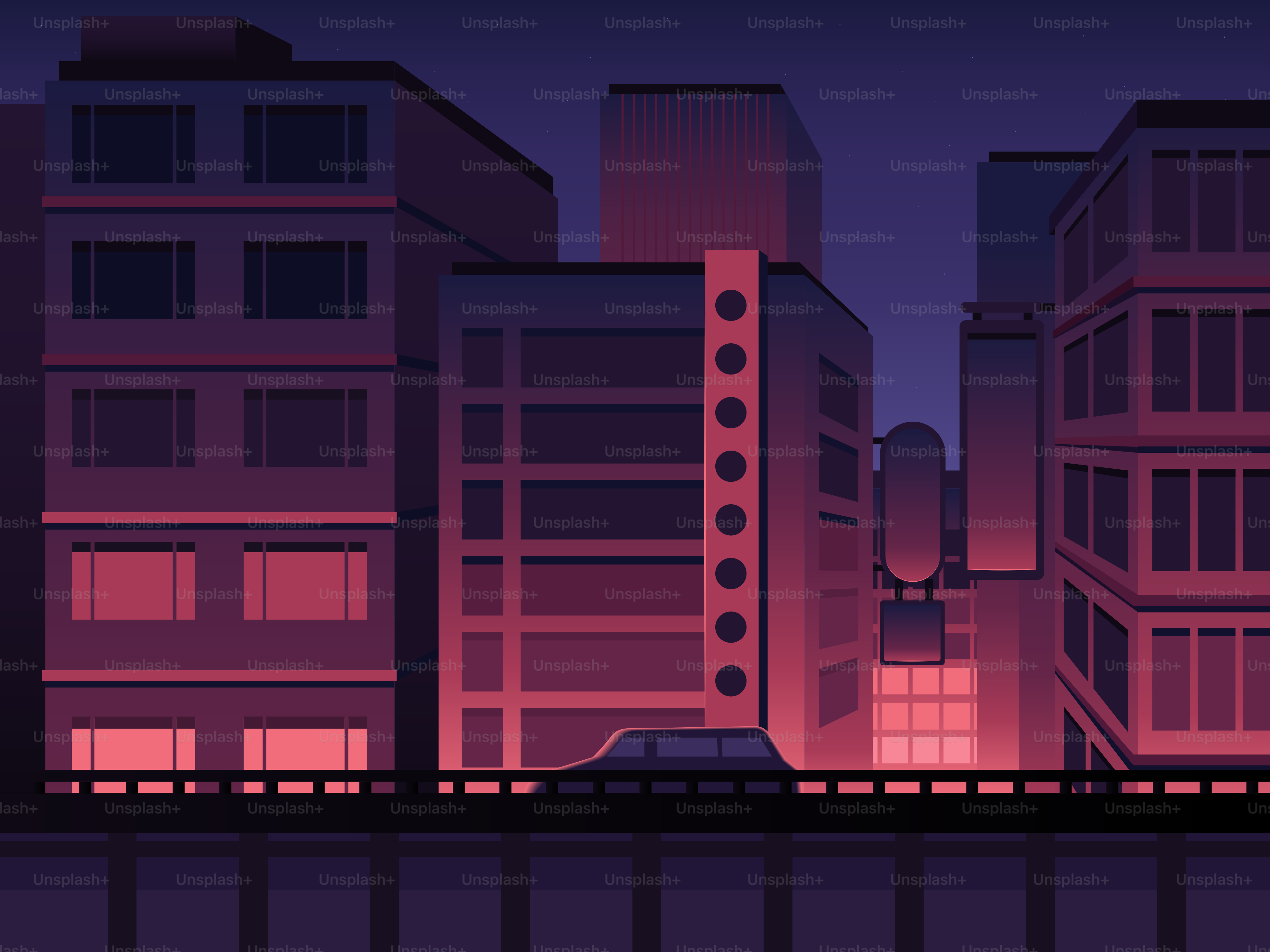 Cityscape with buildings and a car at dusk