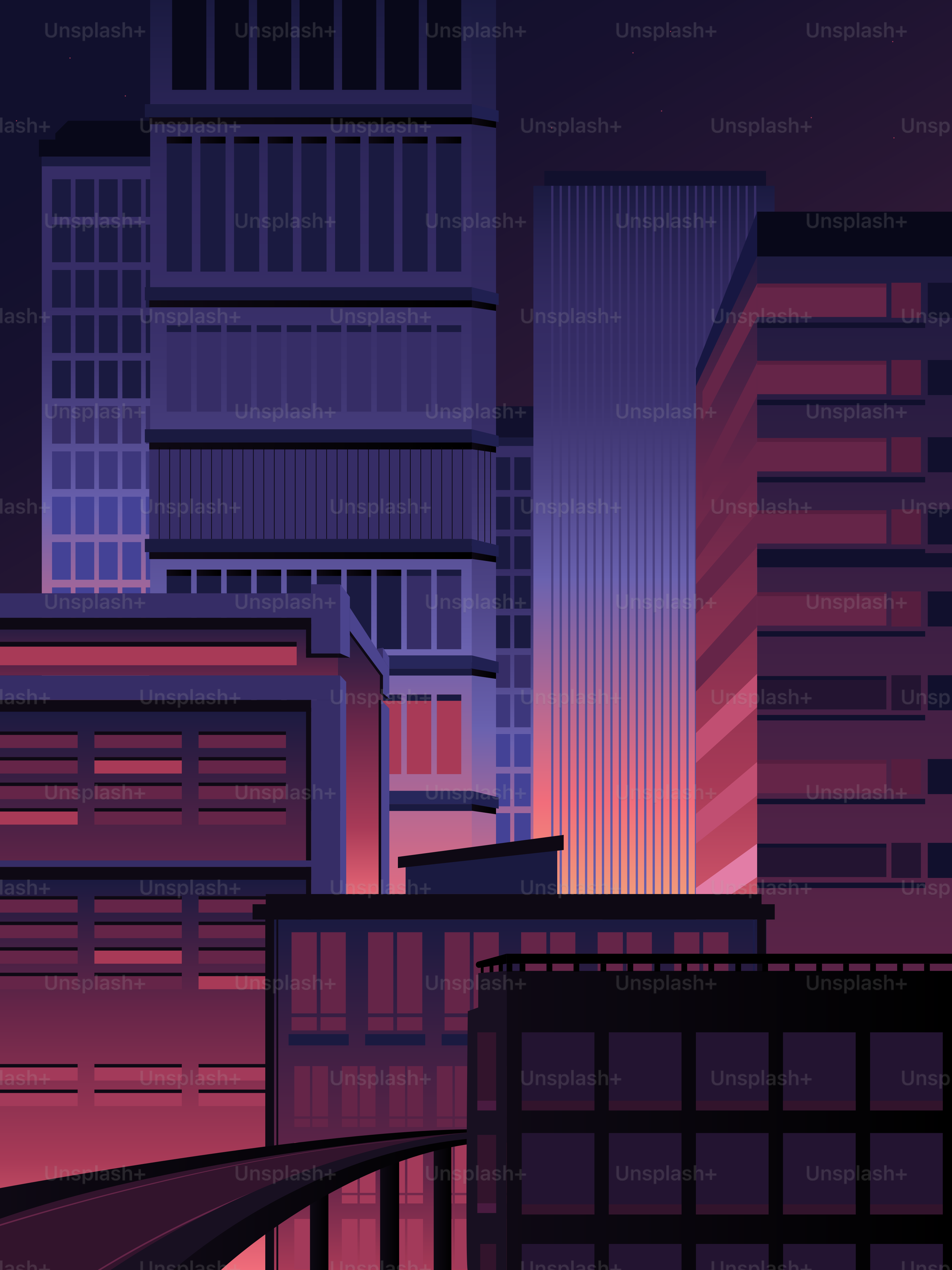 Modern city skyline at sunset with vibrant colors.