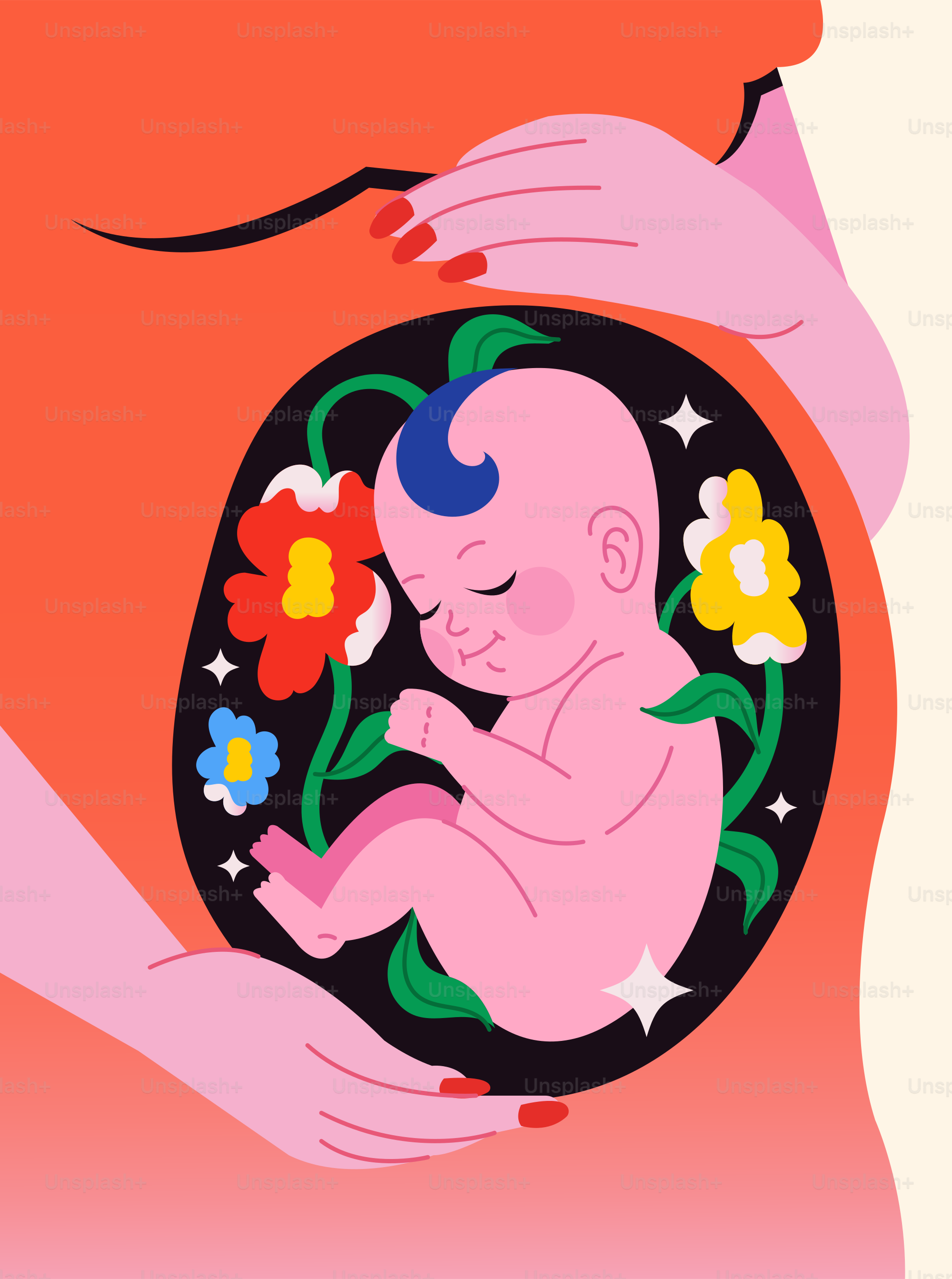 Bebê no ventre cercado por flores e estrelas