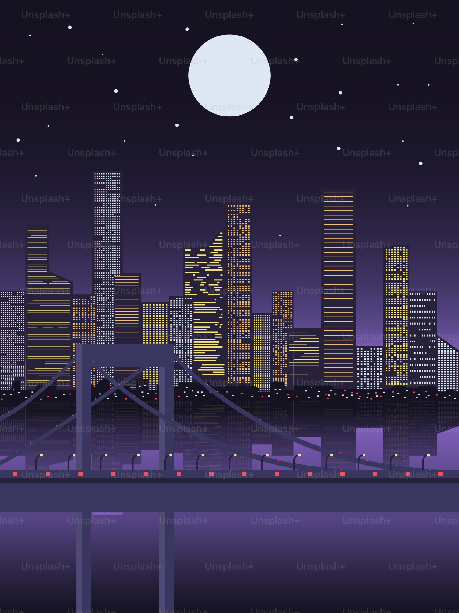 Paisaje urbano pixel art por la noche con luna llena.