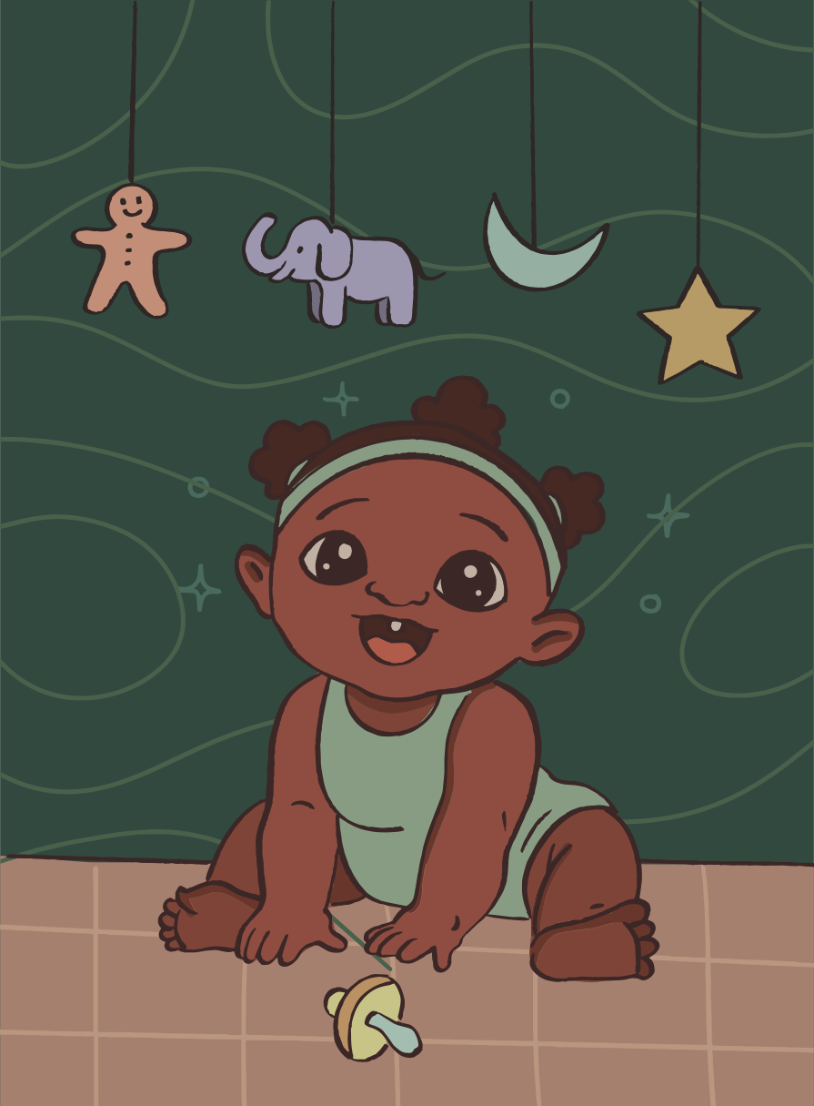 A smiling baby girl with a pacifier and mobile toys.