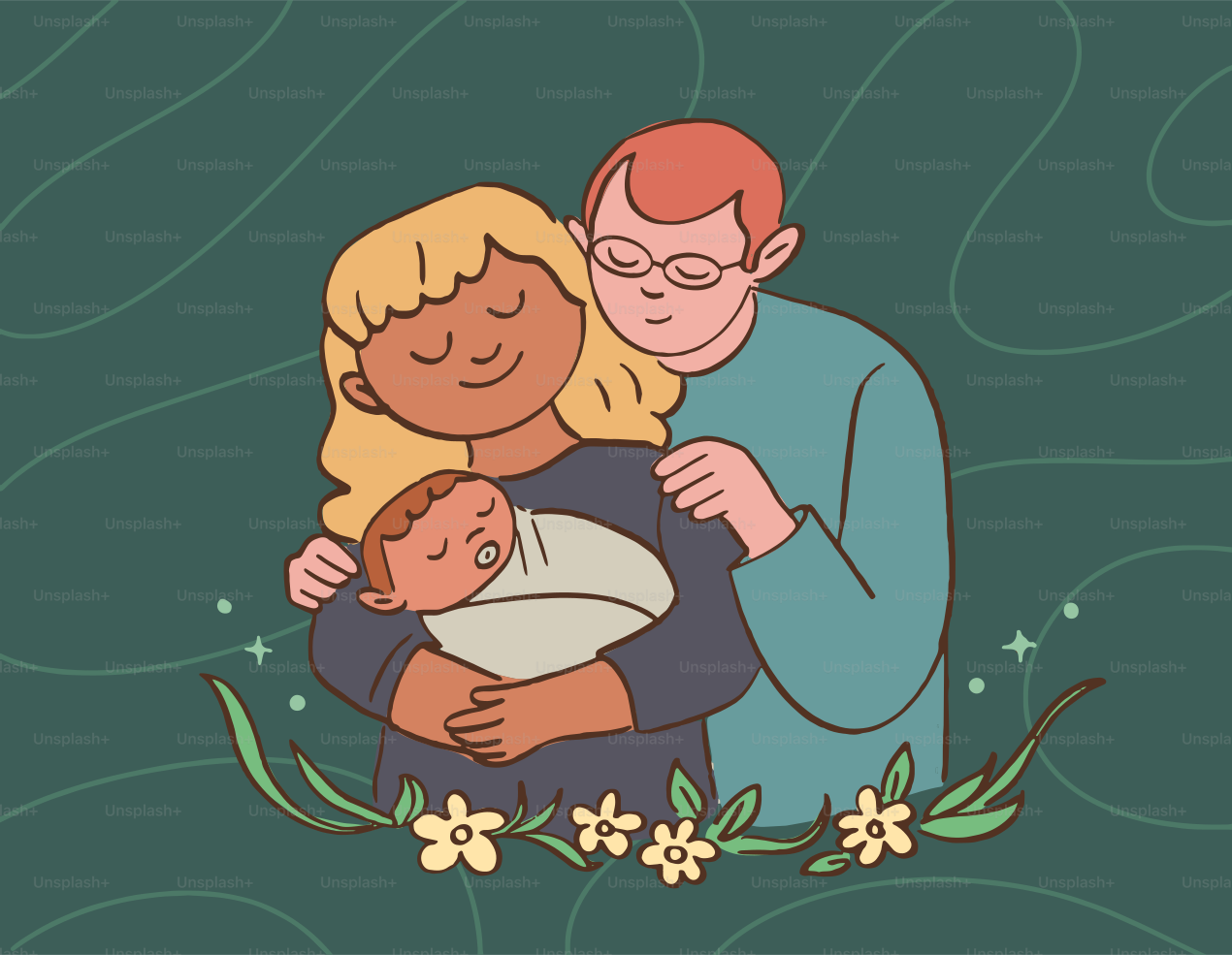 Familie, die ein neugeborenes Baby mit Blumen hält