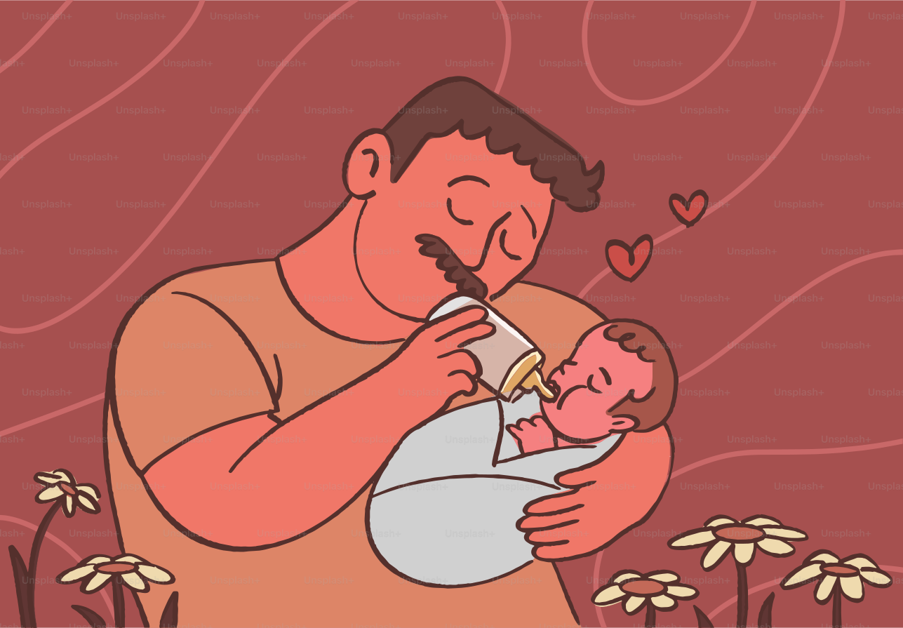 父親が哺乳瓶で赤ちゃんに授乳している。