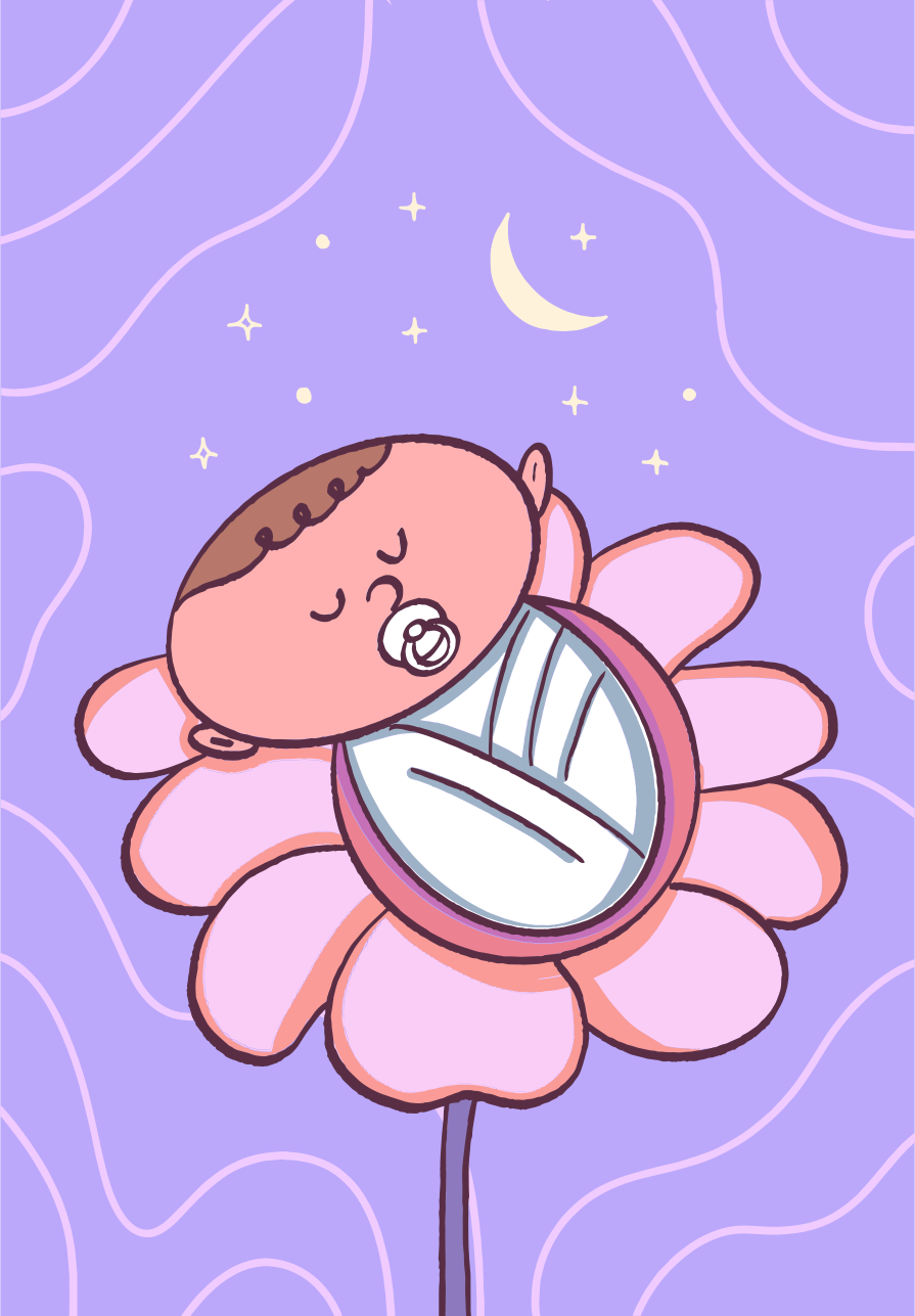 月の下の花の中で穏やかに眠る赤ちゃん