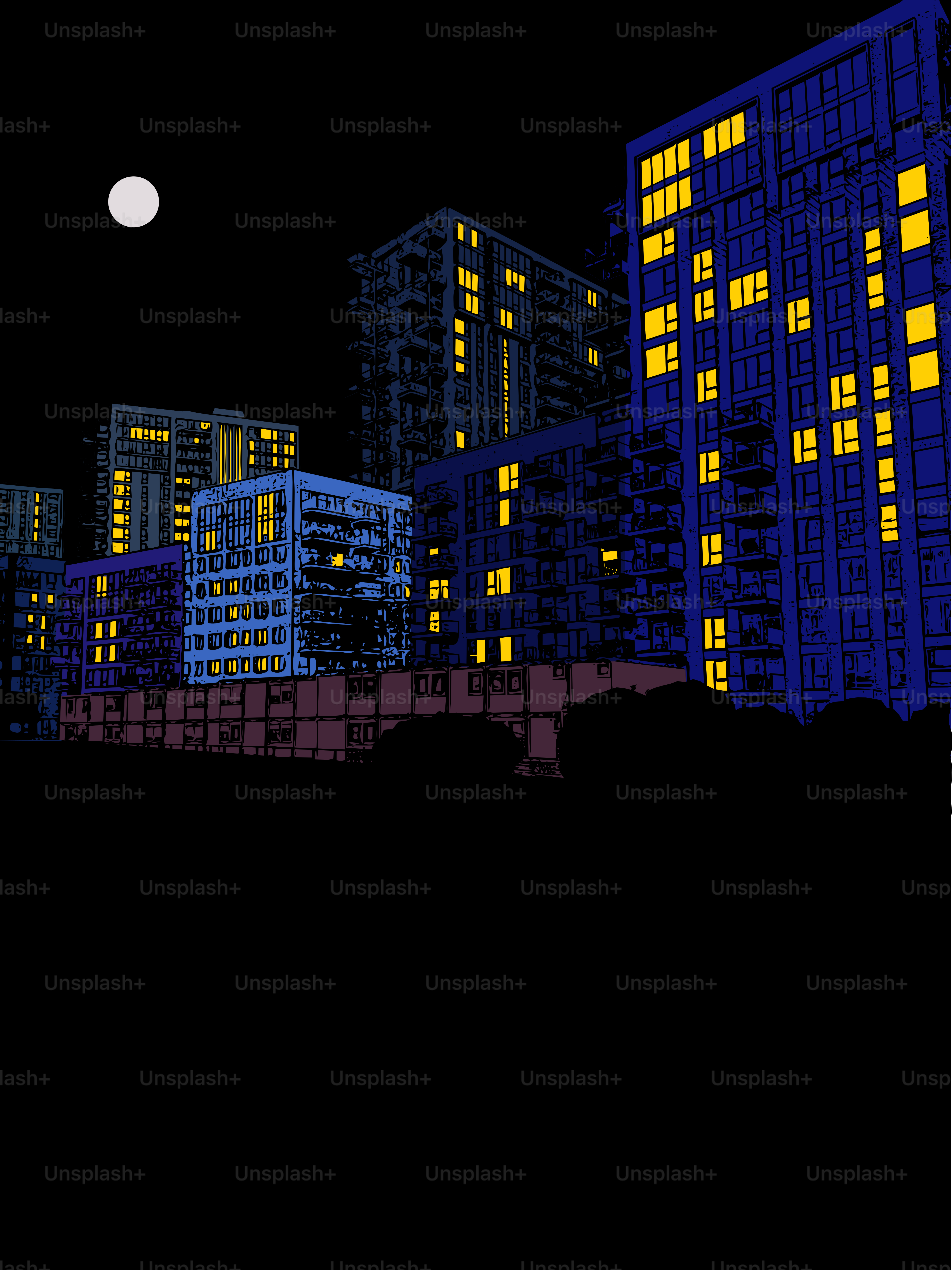 Apartment buildings illuminated at night under a full moon.