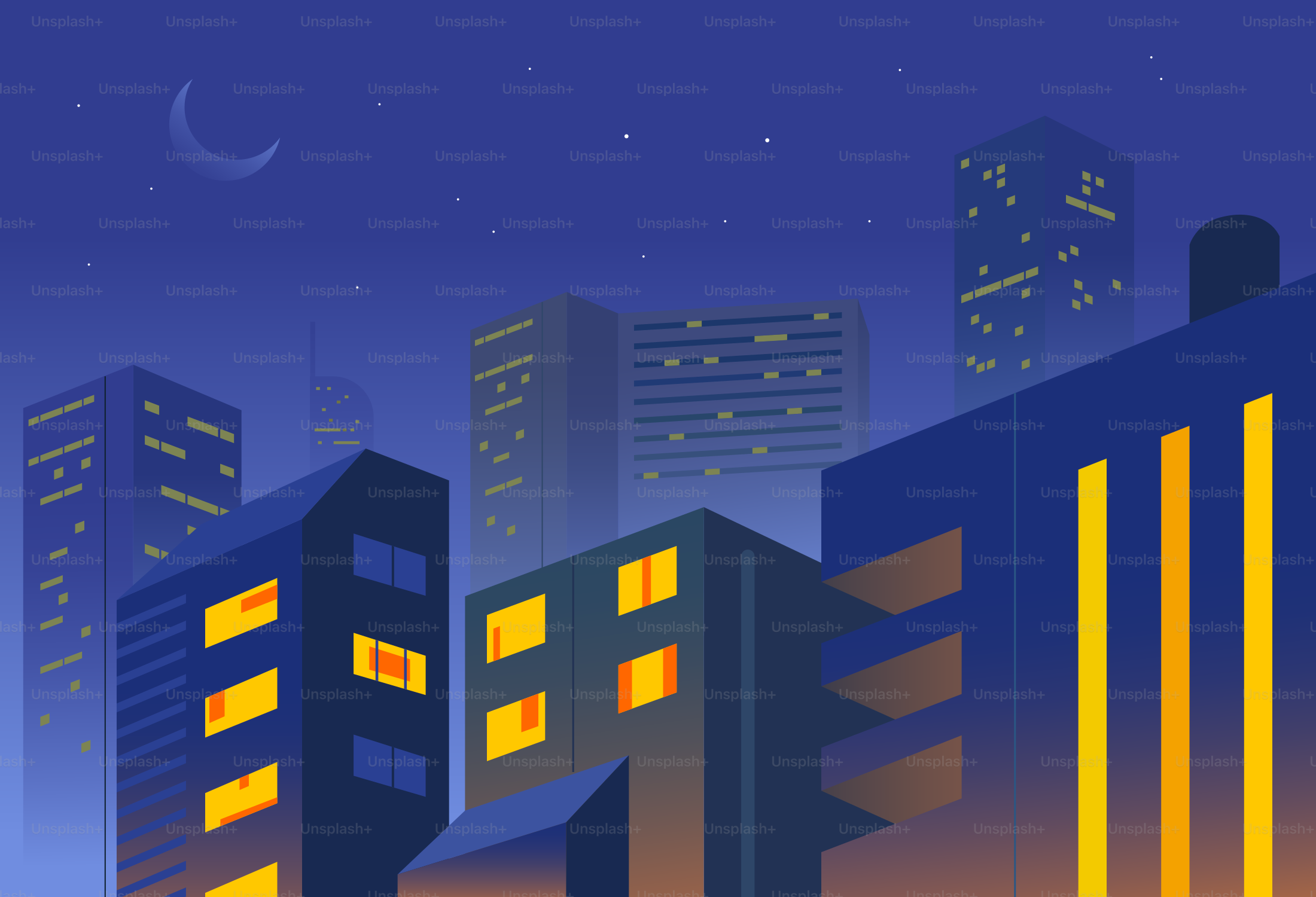 Cityscape at night with glowing windows and crescent moon.