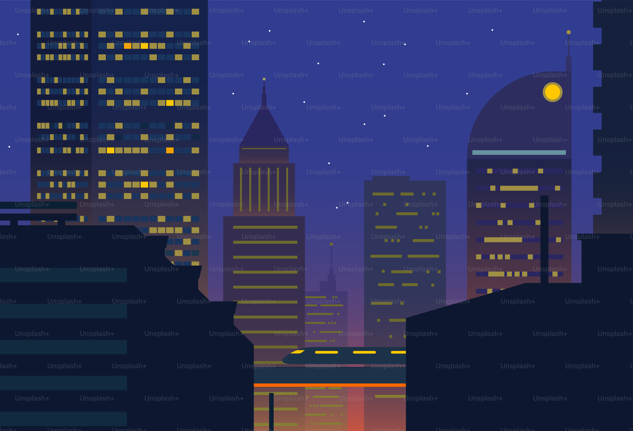 Cityscape at night with glowing windows and stars.