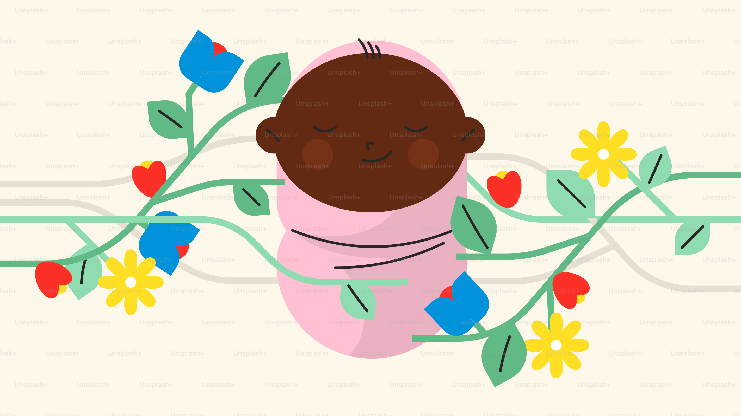 A baby wrapped in pink surrounded by flowers