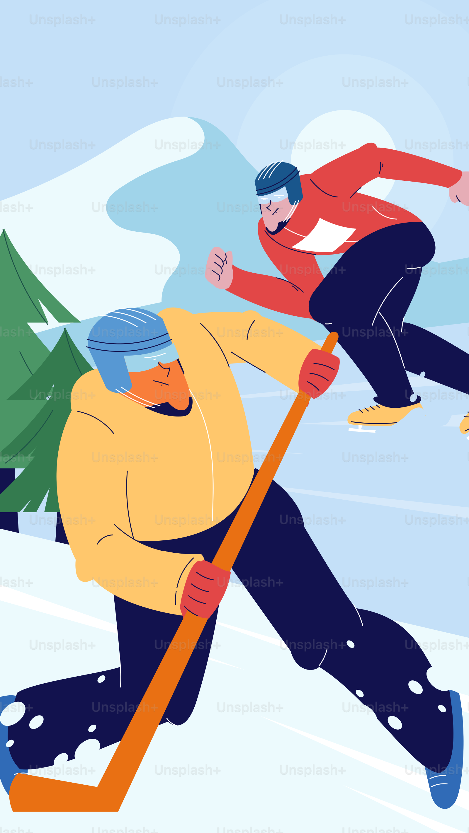 Two men playing hockey on a snowy mountain landscape