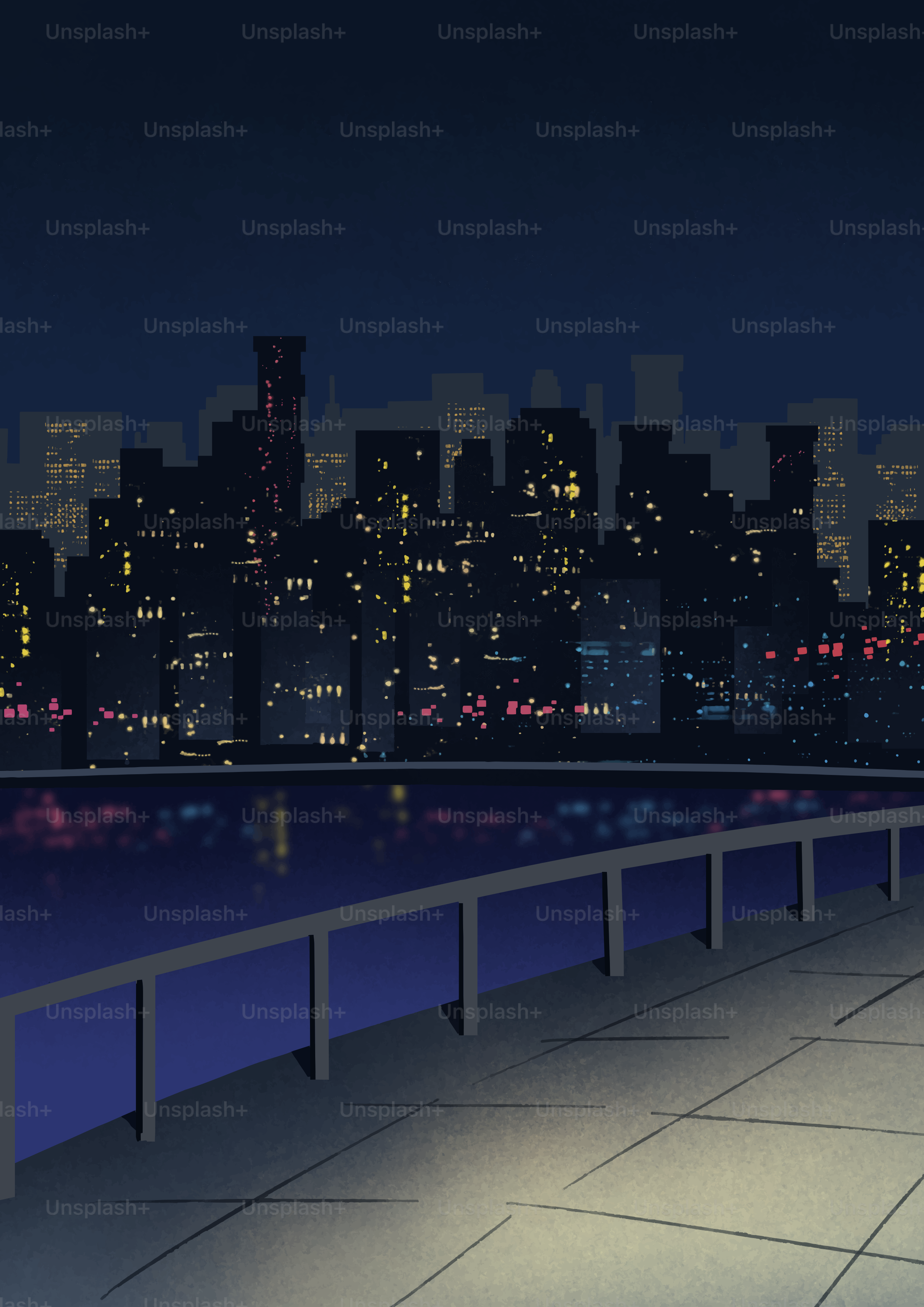 City skyline at night with illuminated windows