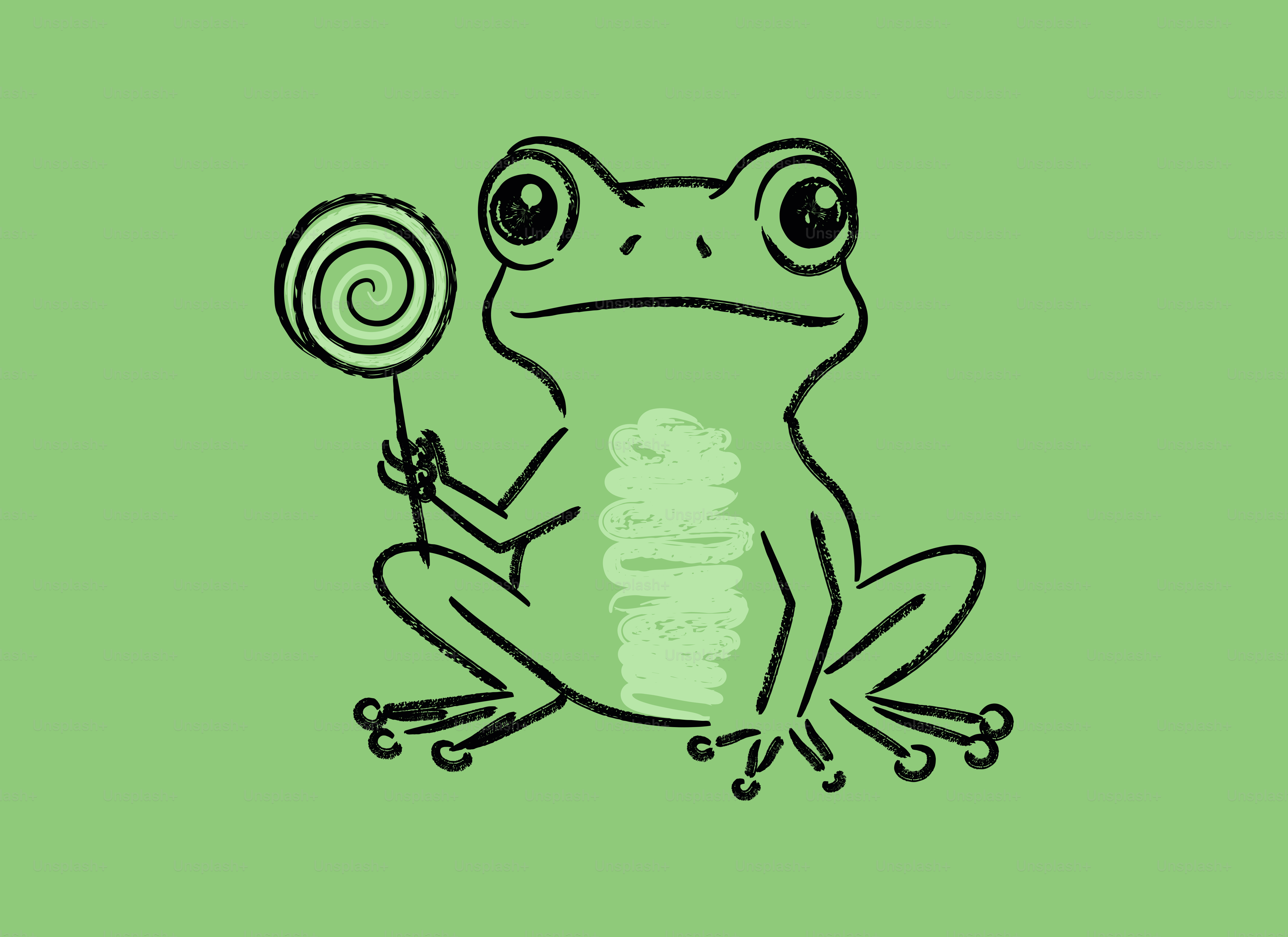 A cartoon frog holds a swirled lollipop.