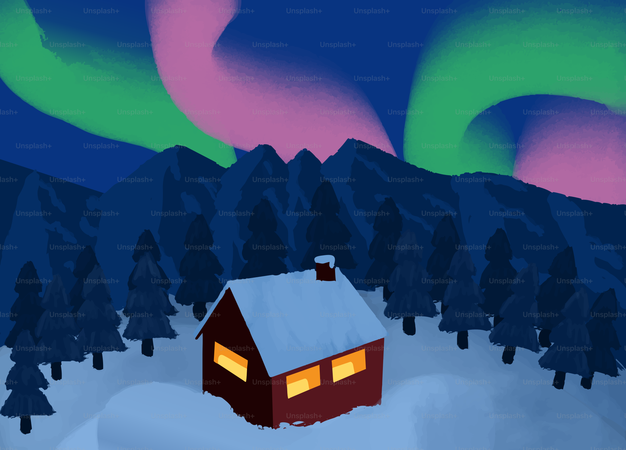Cozy cabin under the aurora borealis at night