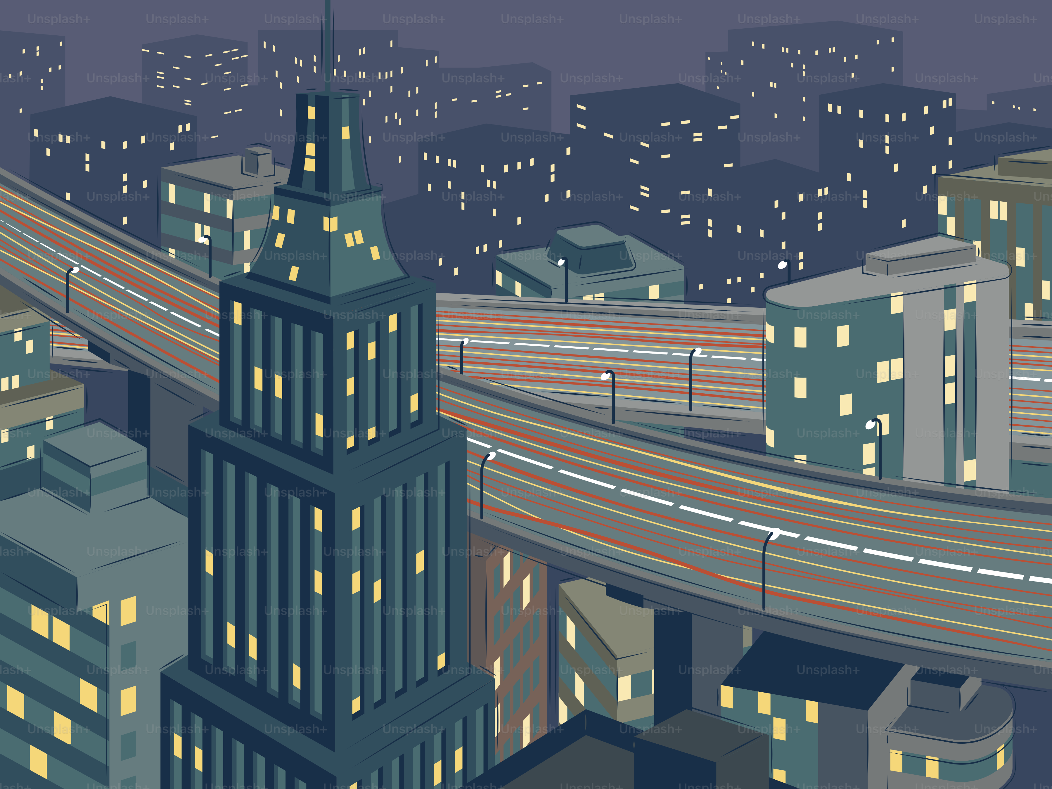 Cityscape with illuminated buildings and highway at night