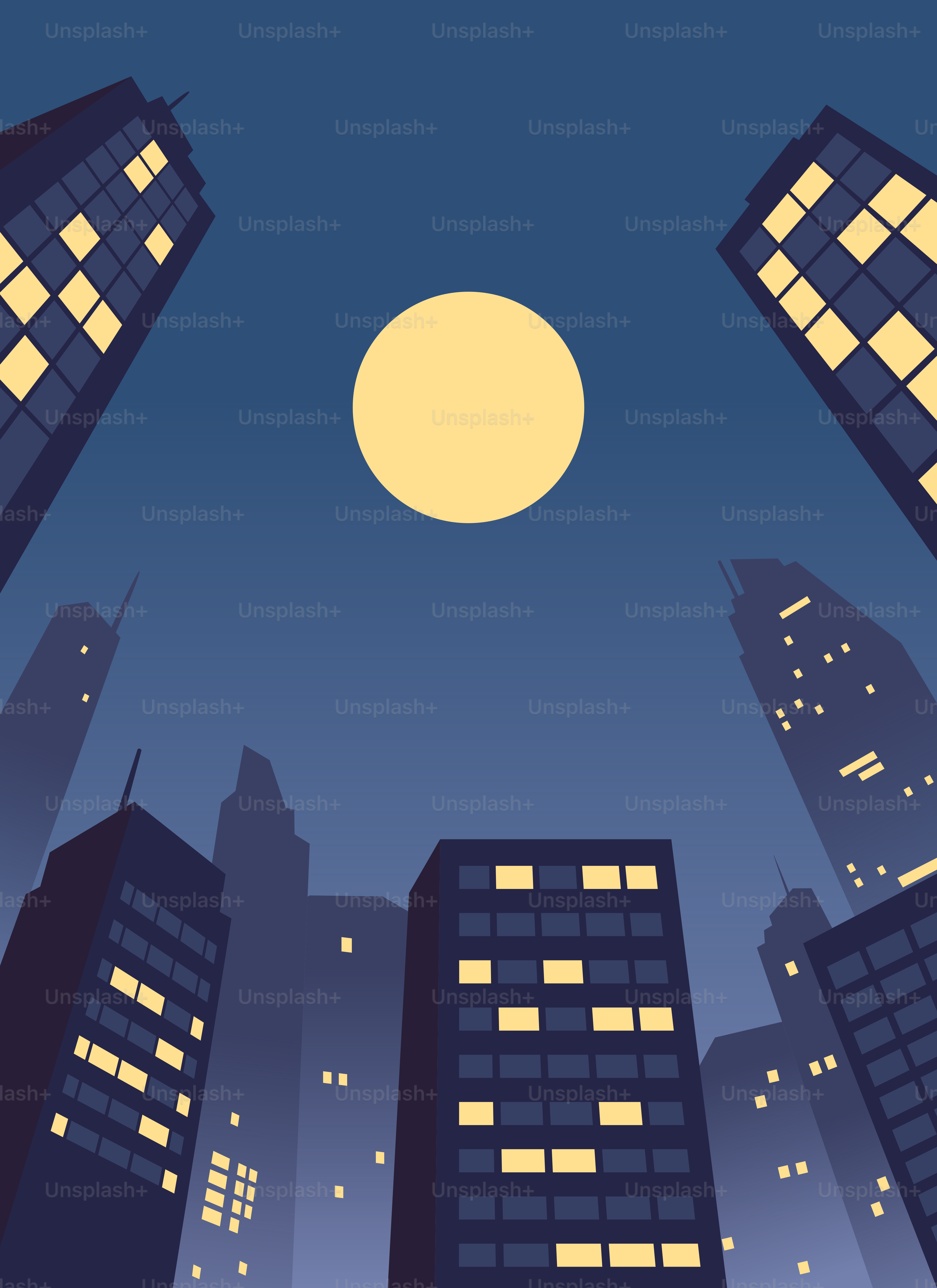 Des gratte-ciel sous une grande pleine lune la nuit