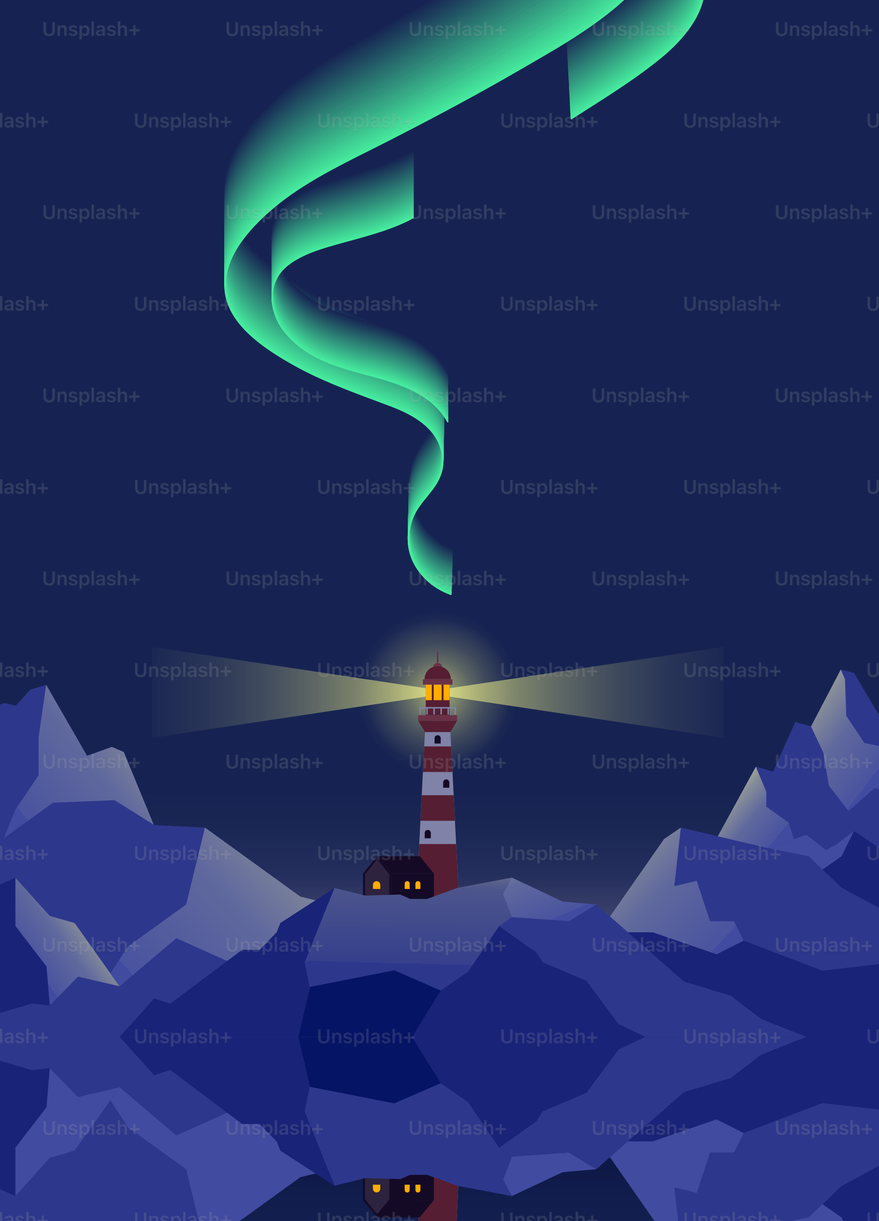 Lighthouse under aurora borealis with rocky landscape