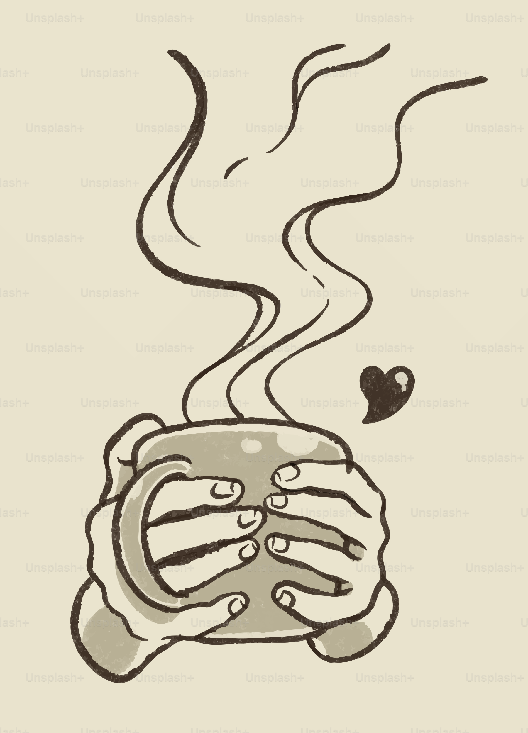 Hands holding a steaming mug with a heart