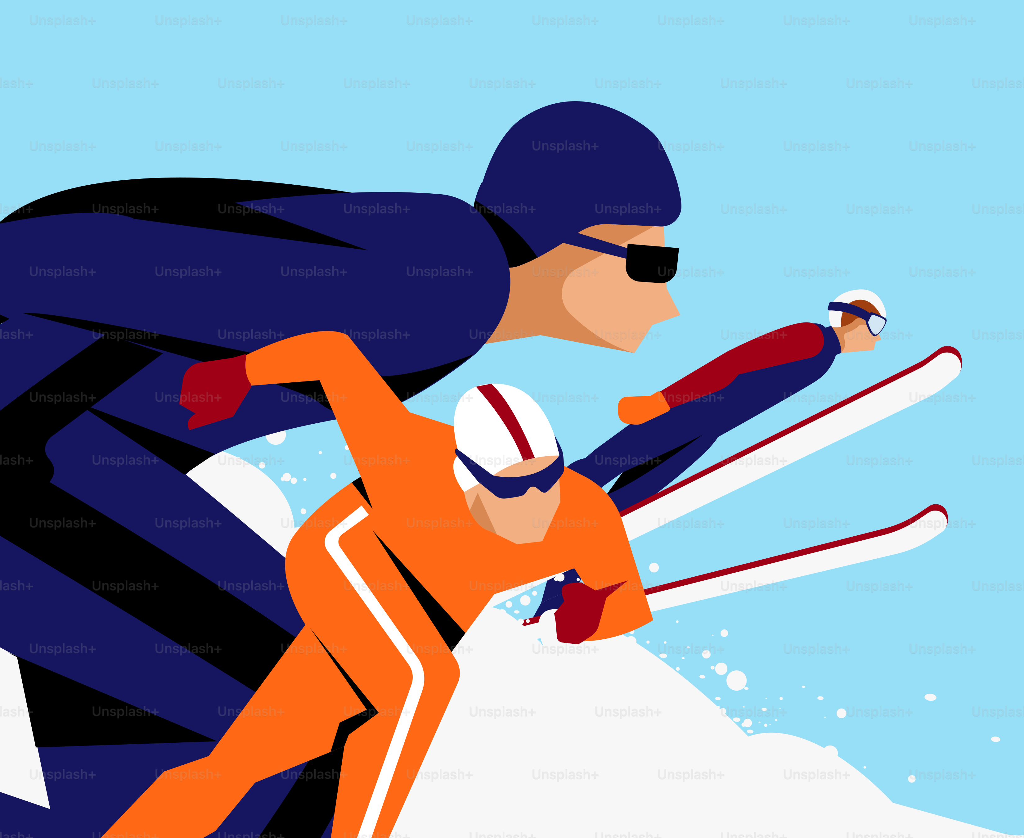 Three skiers racing down a snowy slope.