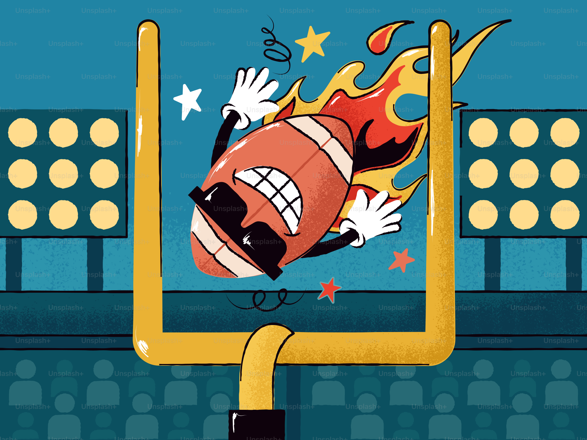 Fútbol en llamas atravesando los postes con luces de estadio