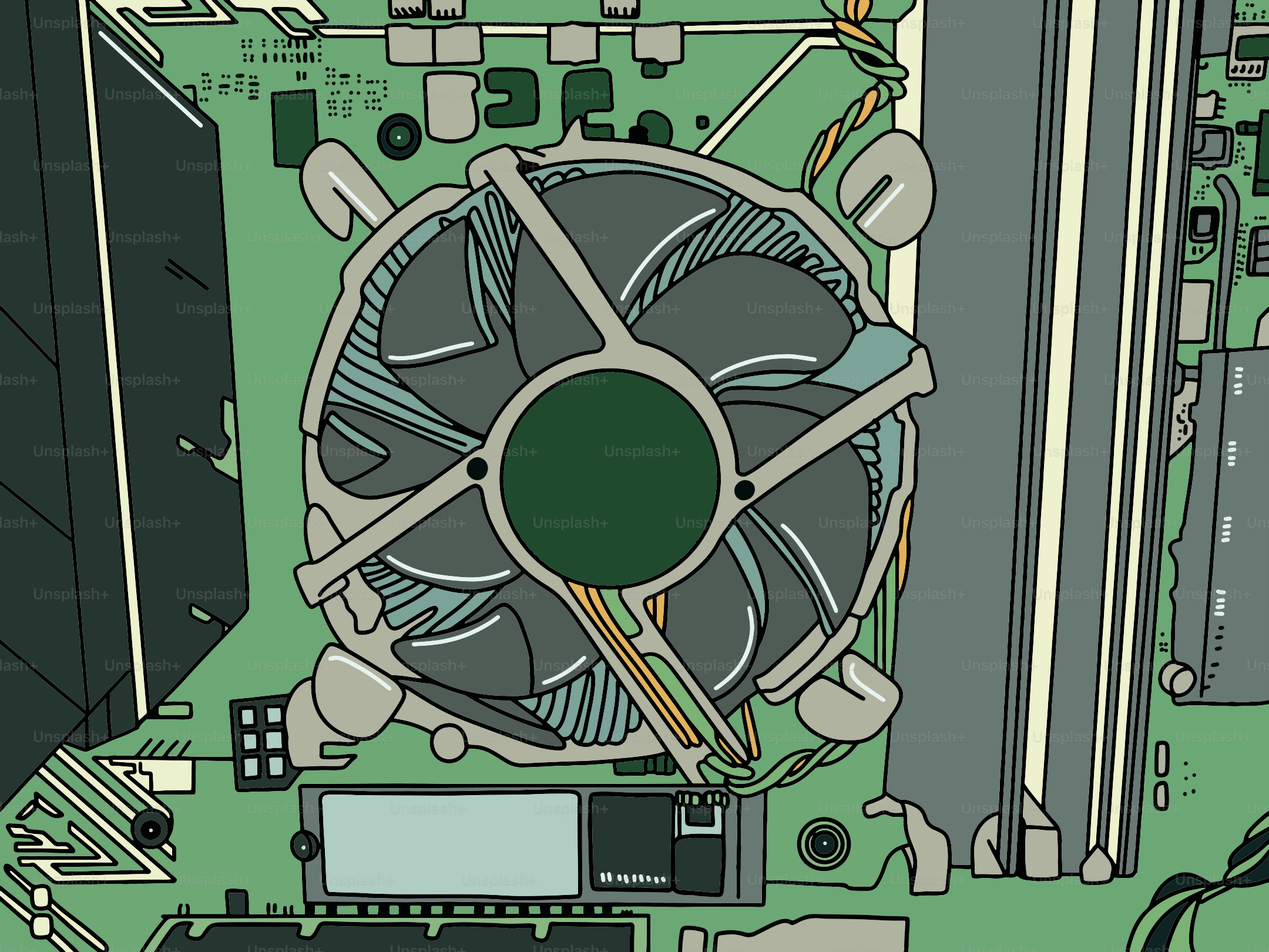 Computer fan and motherboard components close-up