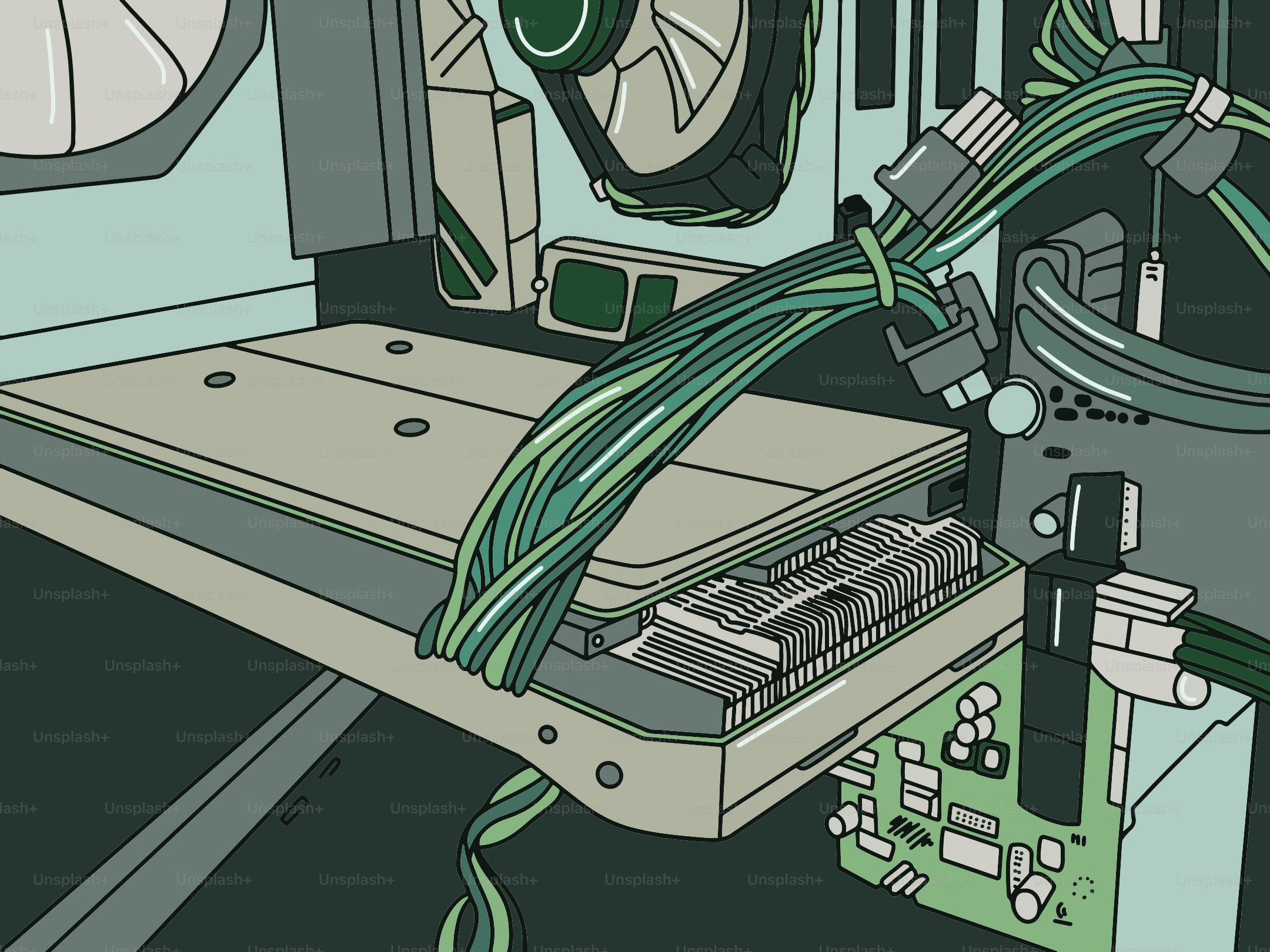 Computer components and green wires inside a case