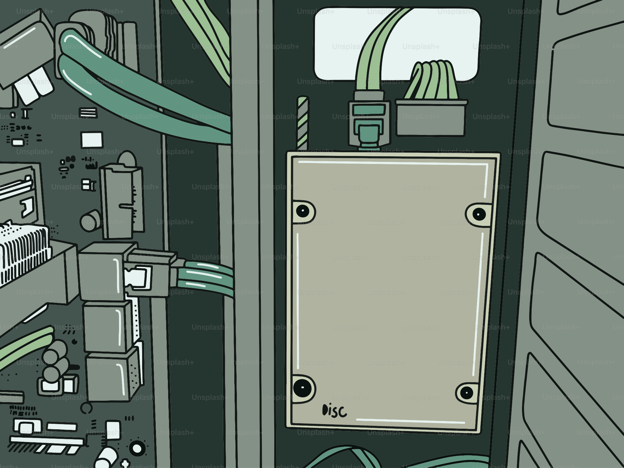 Close-up of computer hardware with green cables