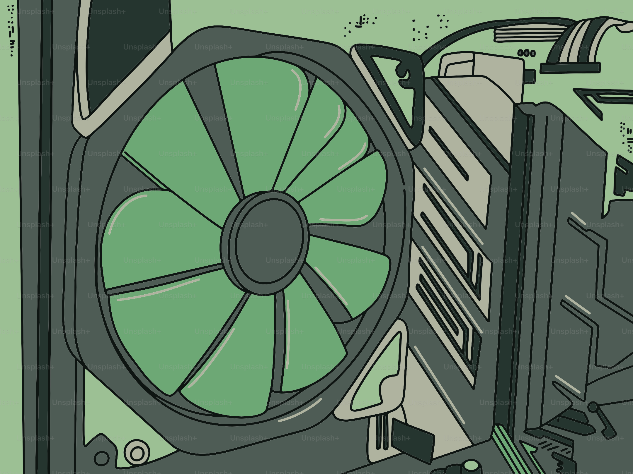 Primo piano di una ventola di computer e dei componenti