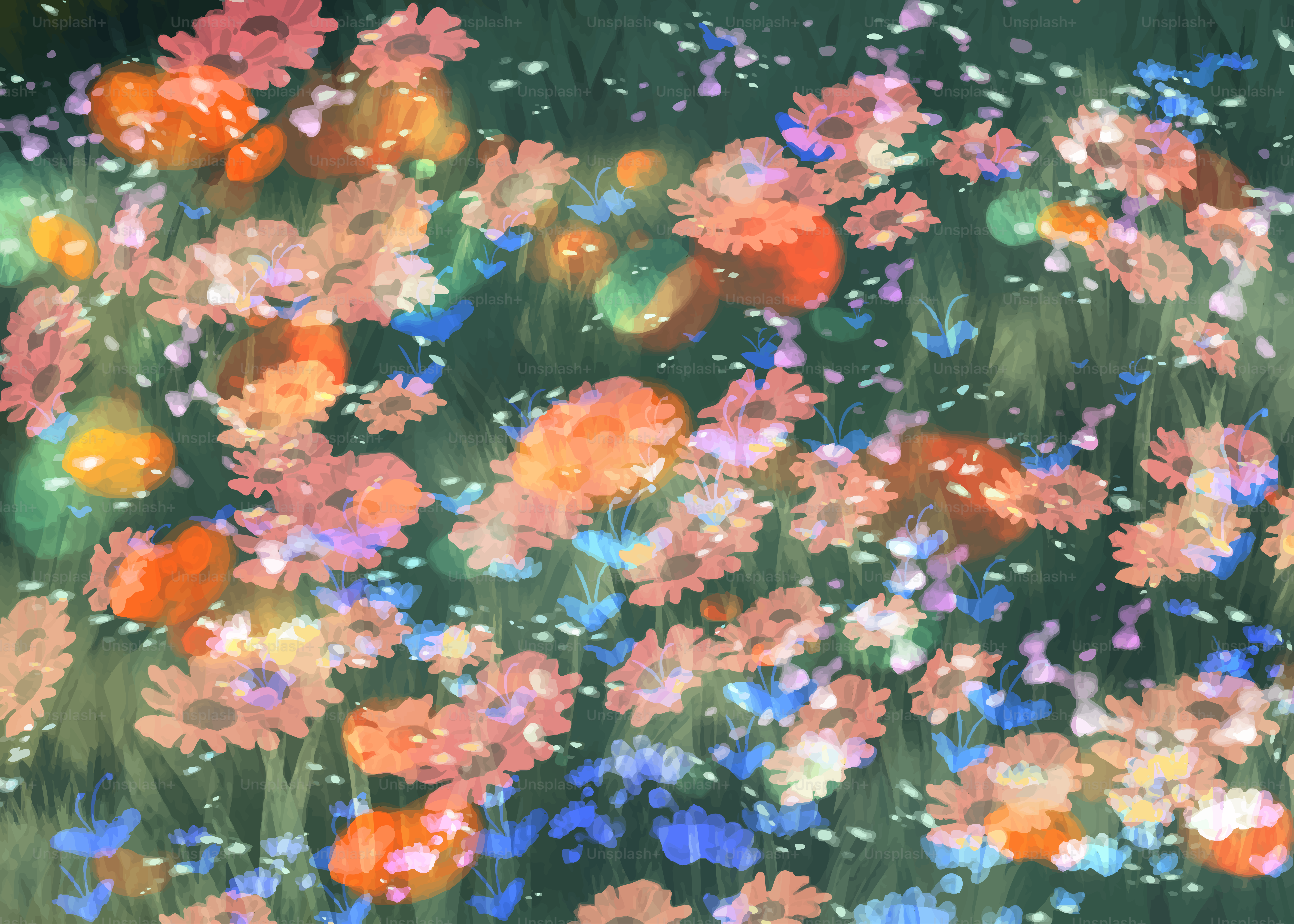 Abstraktes Blumenmuster mit sanften rosa und orangefarbenen Blumen.