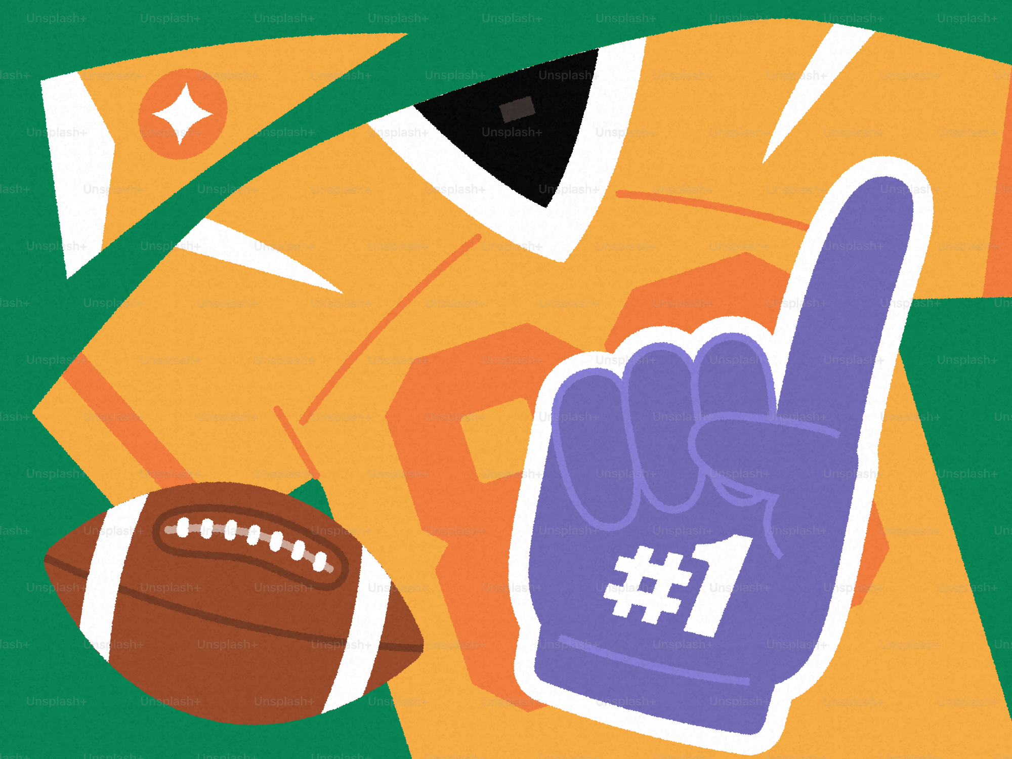 Football jersey, ball, and foam finger