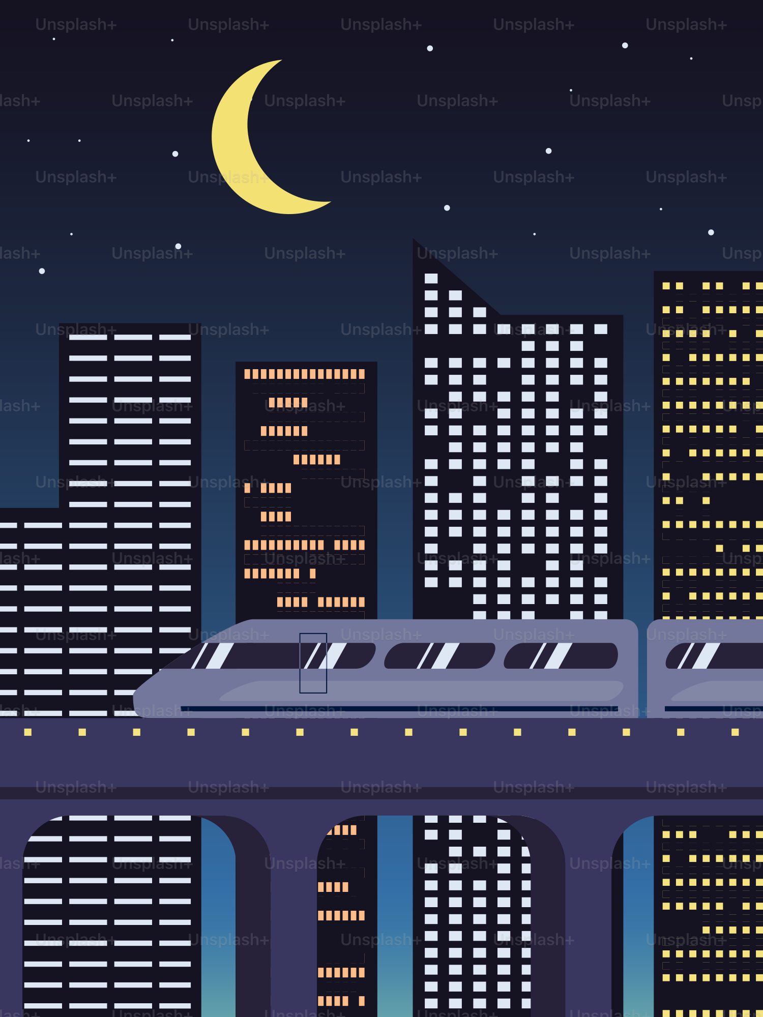 Un train traverse un pont en ville la nuit.