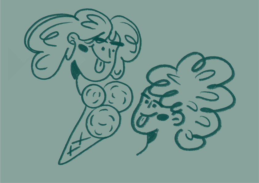 Two cartoon ice cream cones with faces sticking tongues out